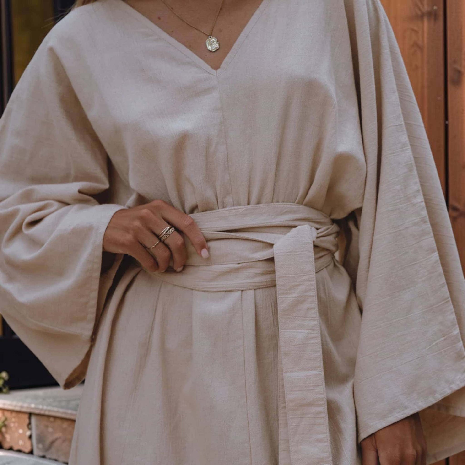 Kimono Sleeve Linen Maxi Dress, Tie Waist