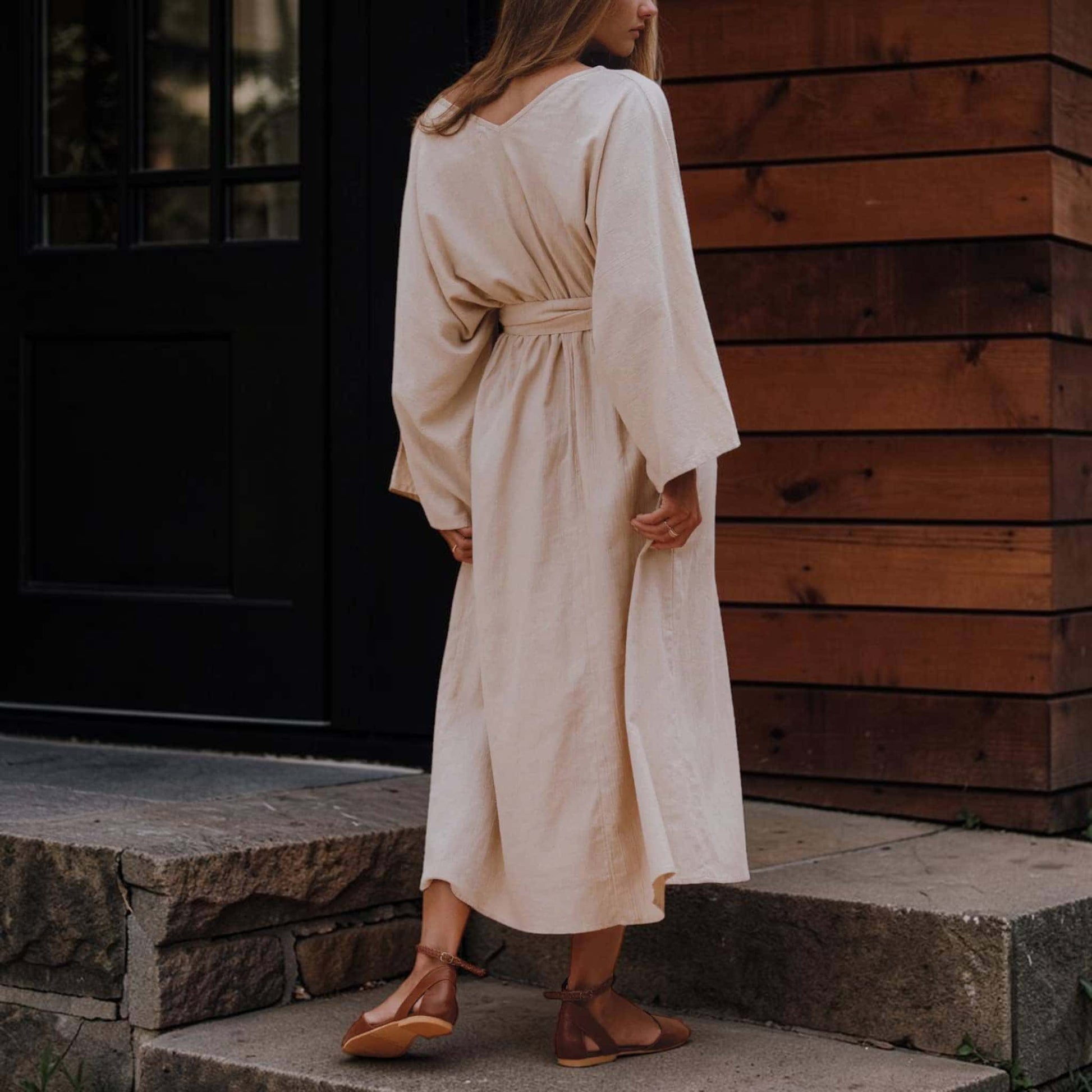 Kimono Sleeve Linen Maxi Dress, Tie Waist