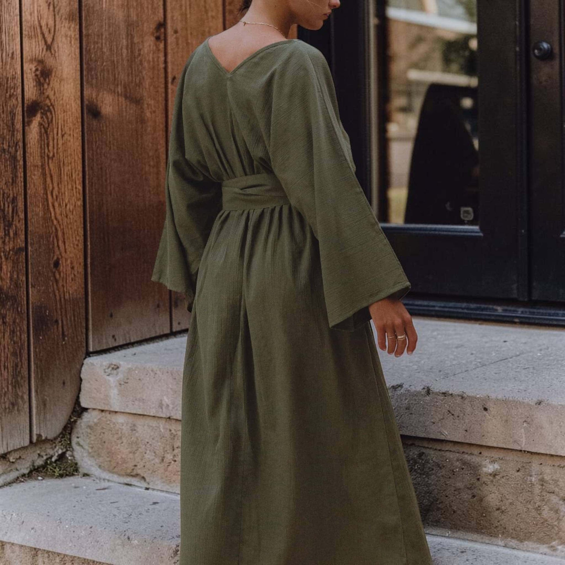 Kimono Sleeve Linen Maxi Dress, Tie Waist