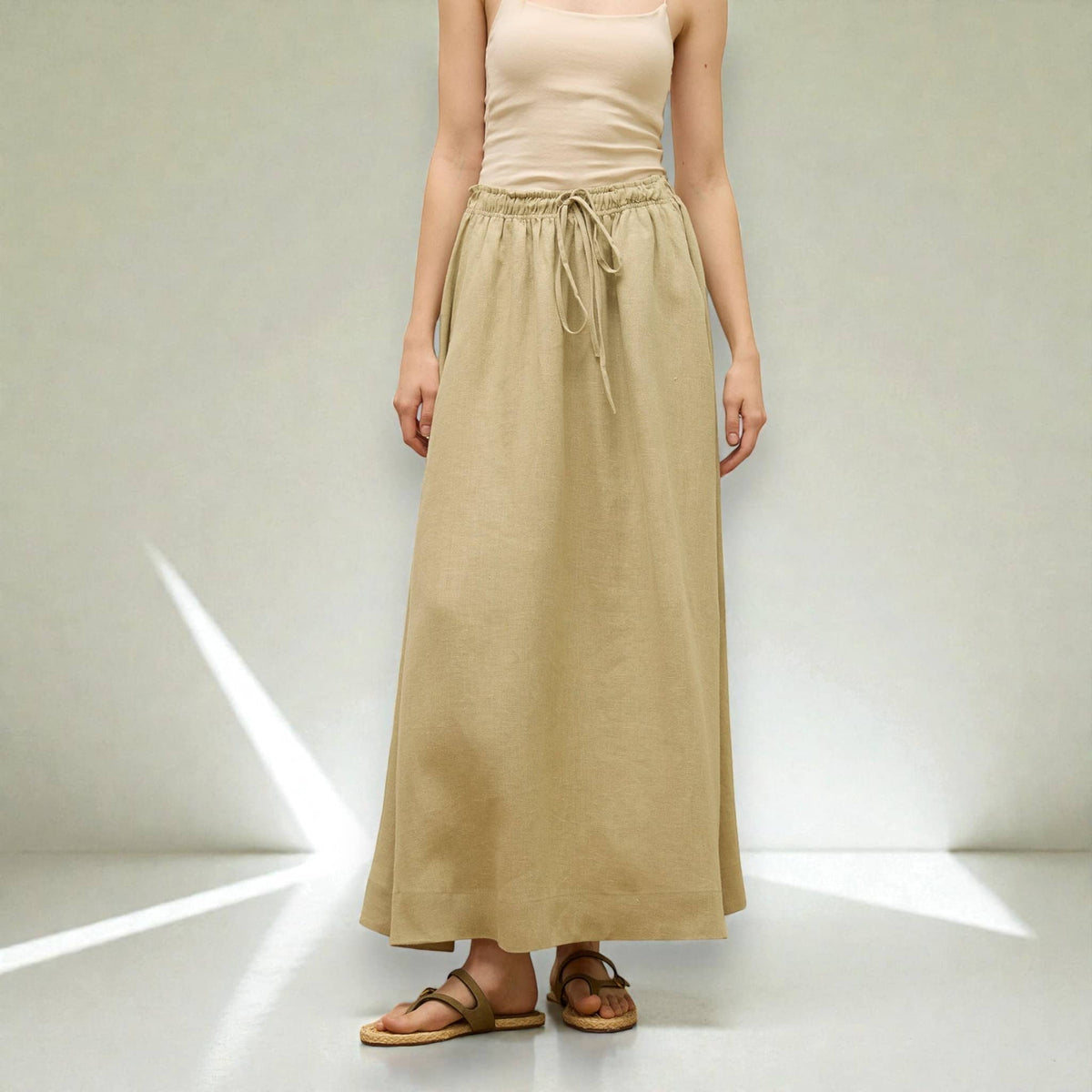 Linen Skirt Set, Long Sleeve Tie Front Top And Maxi Skirt Set