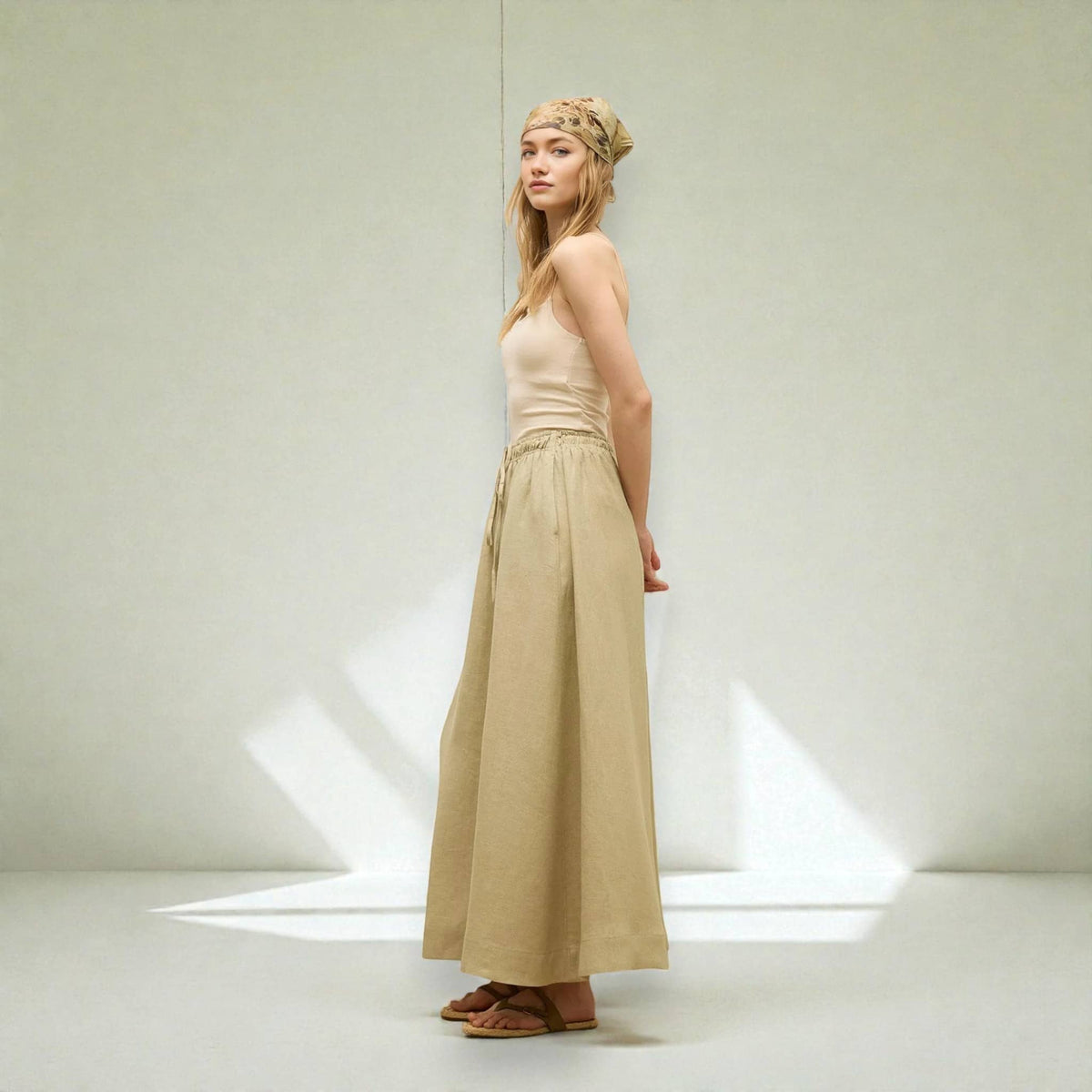 Linen Skirt Set, Long Sleeve Tie Front Top And Maxi Skirt Set