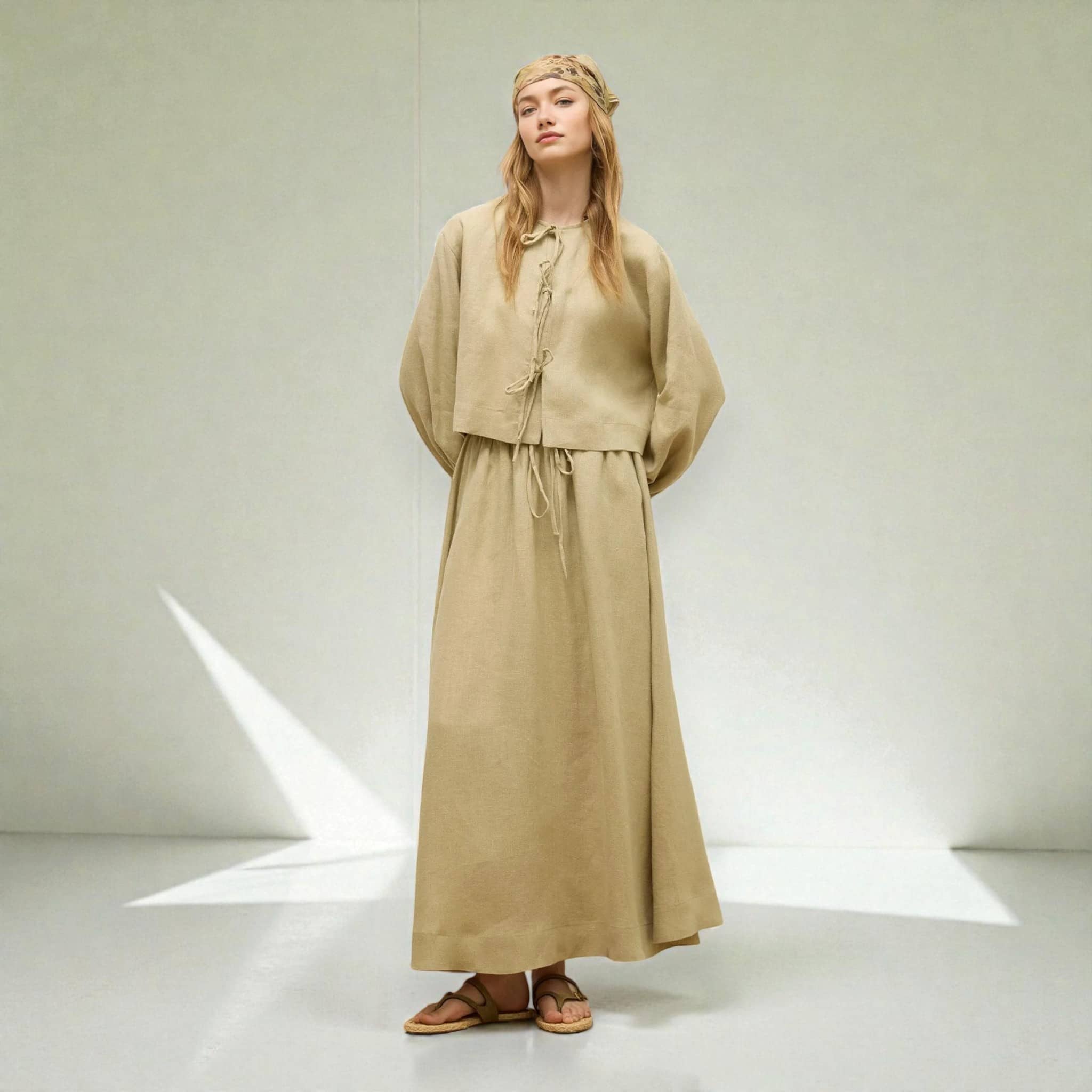 Linen Skirt Set, Long Sleeve Tie Front Top And Maxi Skirt Set