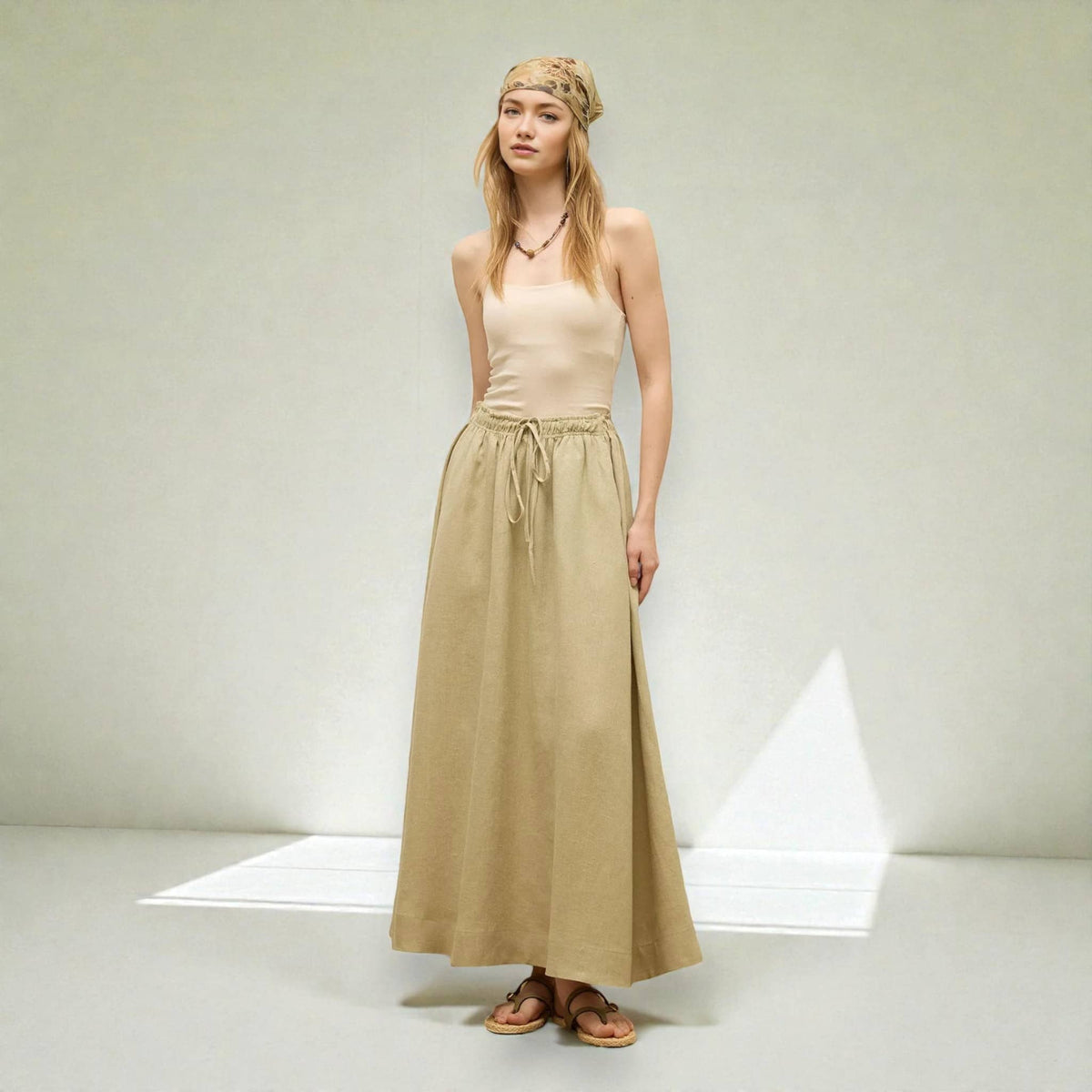Linen Skirt Set, Long Sleeve Tie Front Top And Maxi Skirt Set