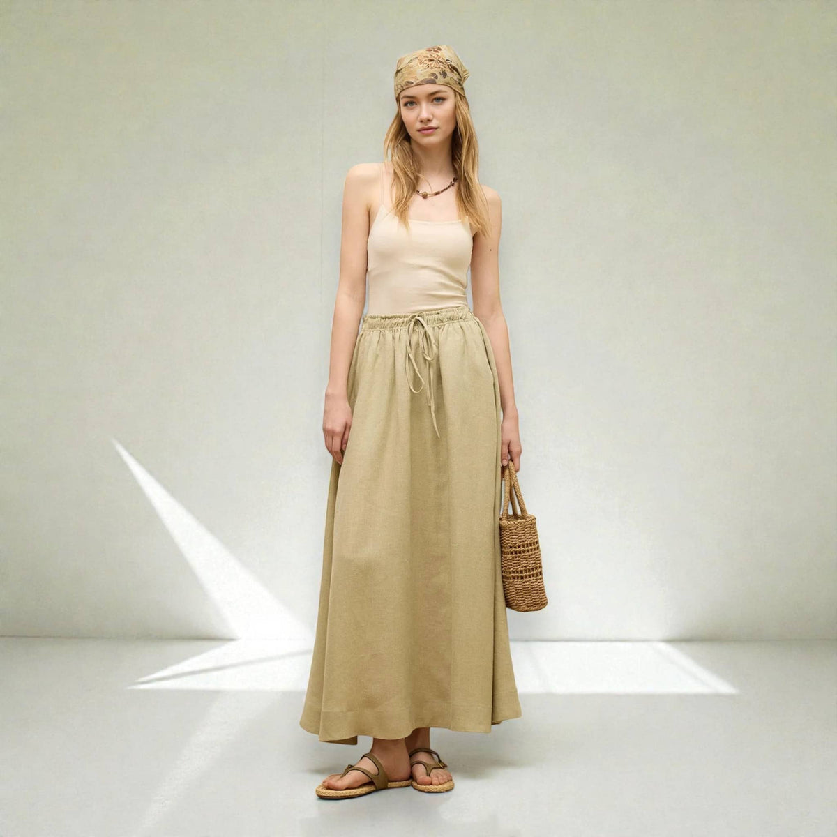 Linen Skirt Set, Long Sleeve Tie Front Top And Maxi Skirt Set