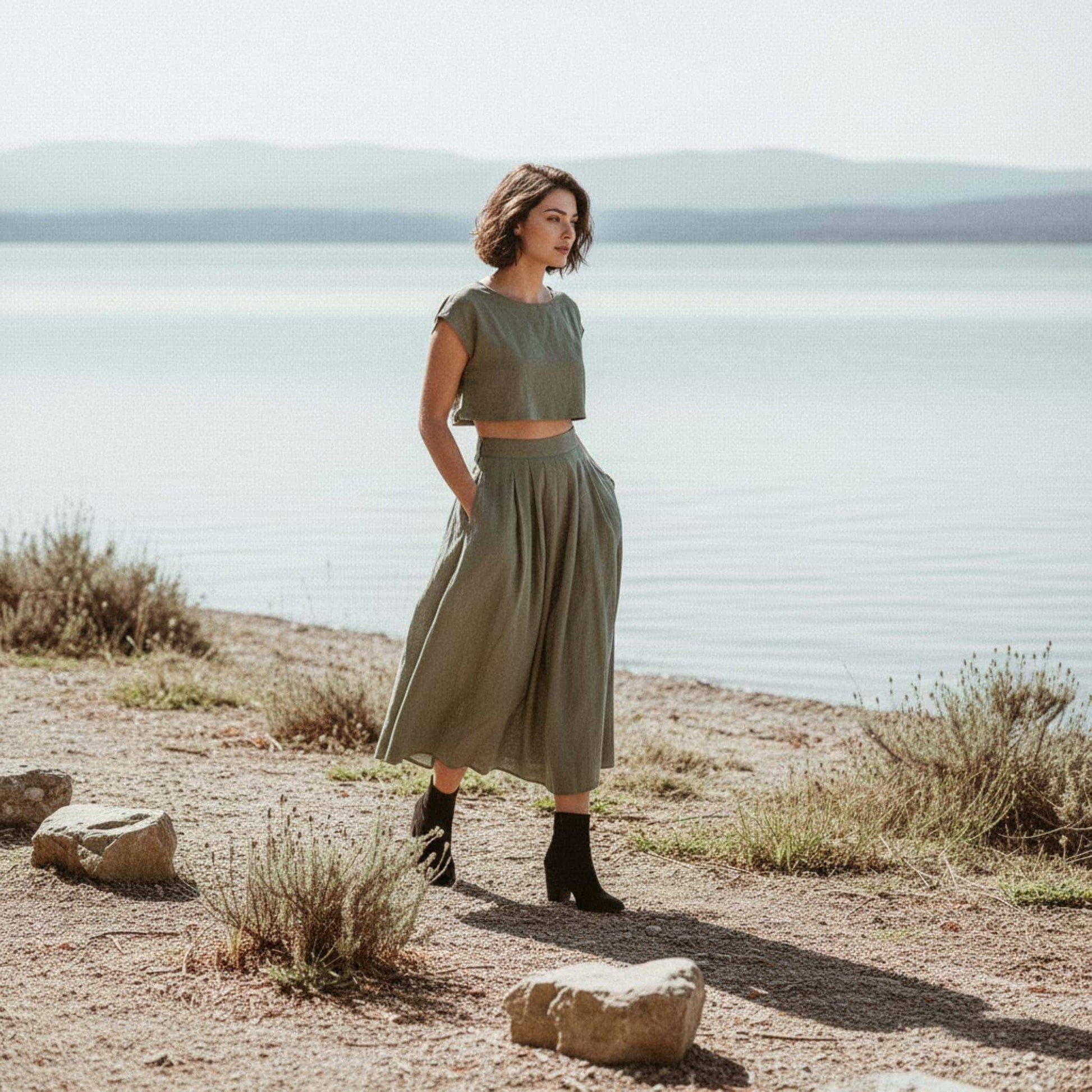 Linen A-Line Midi Skirt, Pleated High-Waist