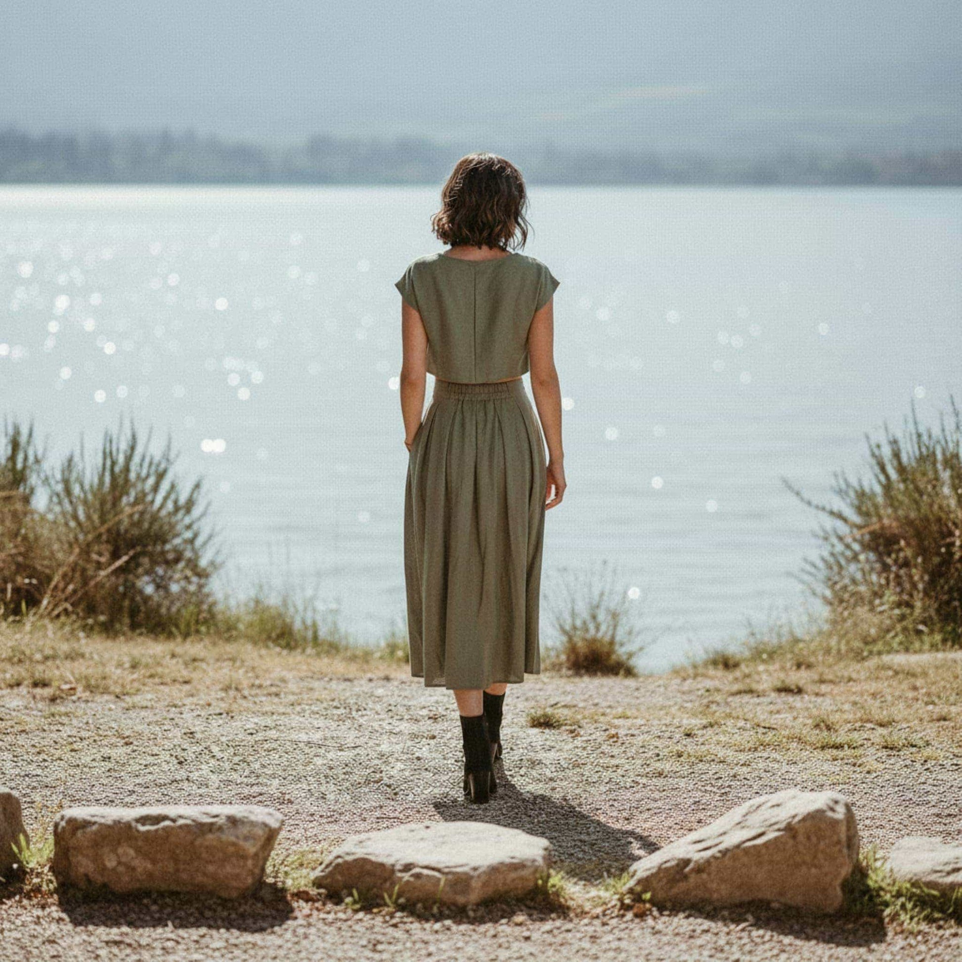 Linen A-Line Midi Skirt, Pleated High-Waist