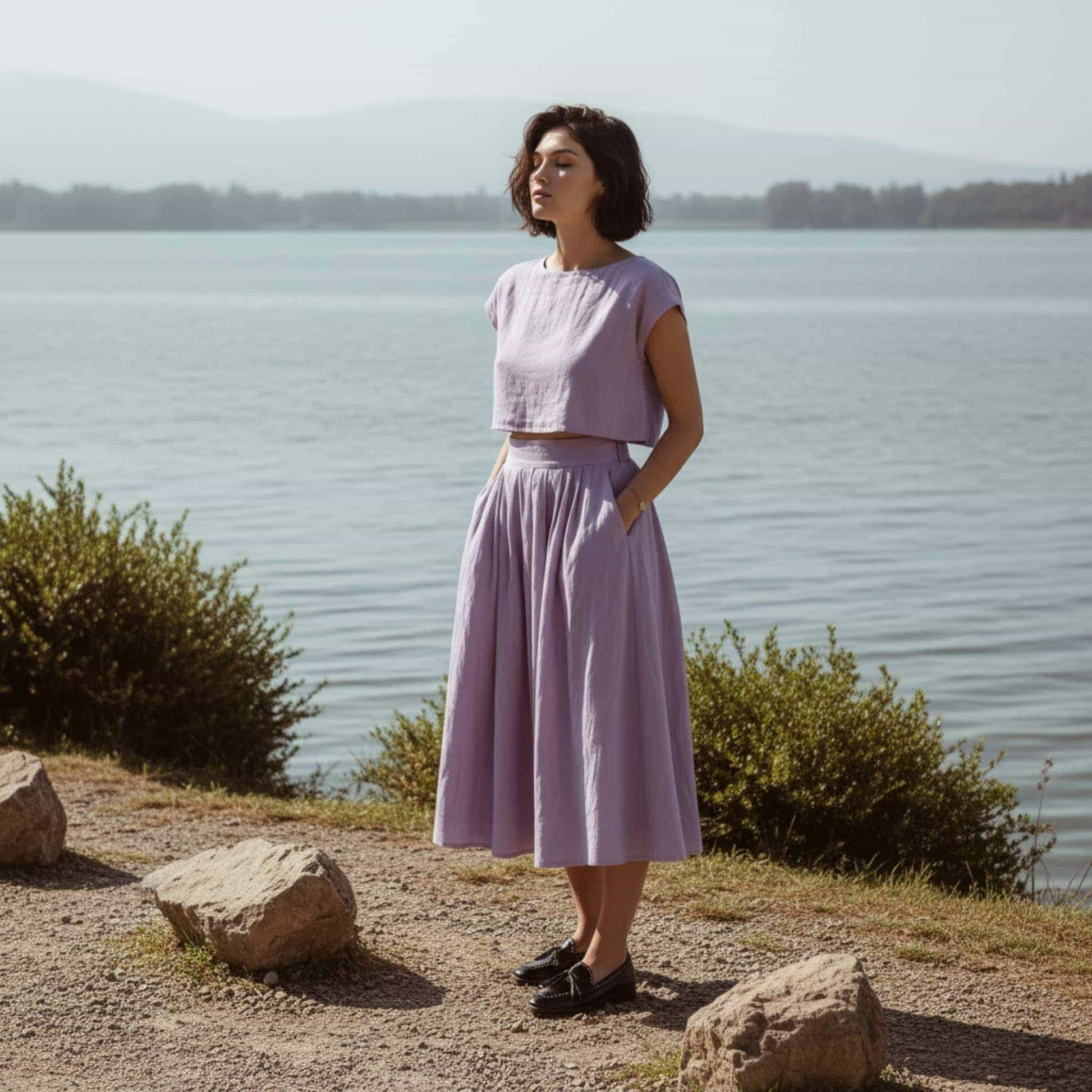 Linen A-Line Midi Skirt, Pleated High-Waist