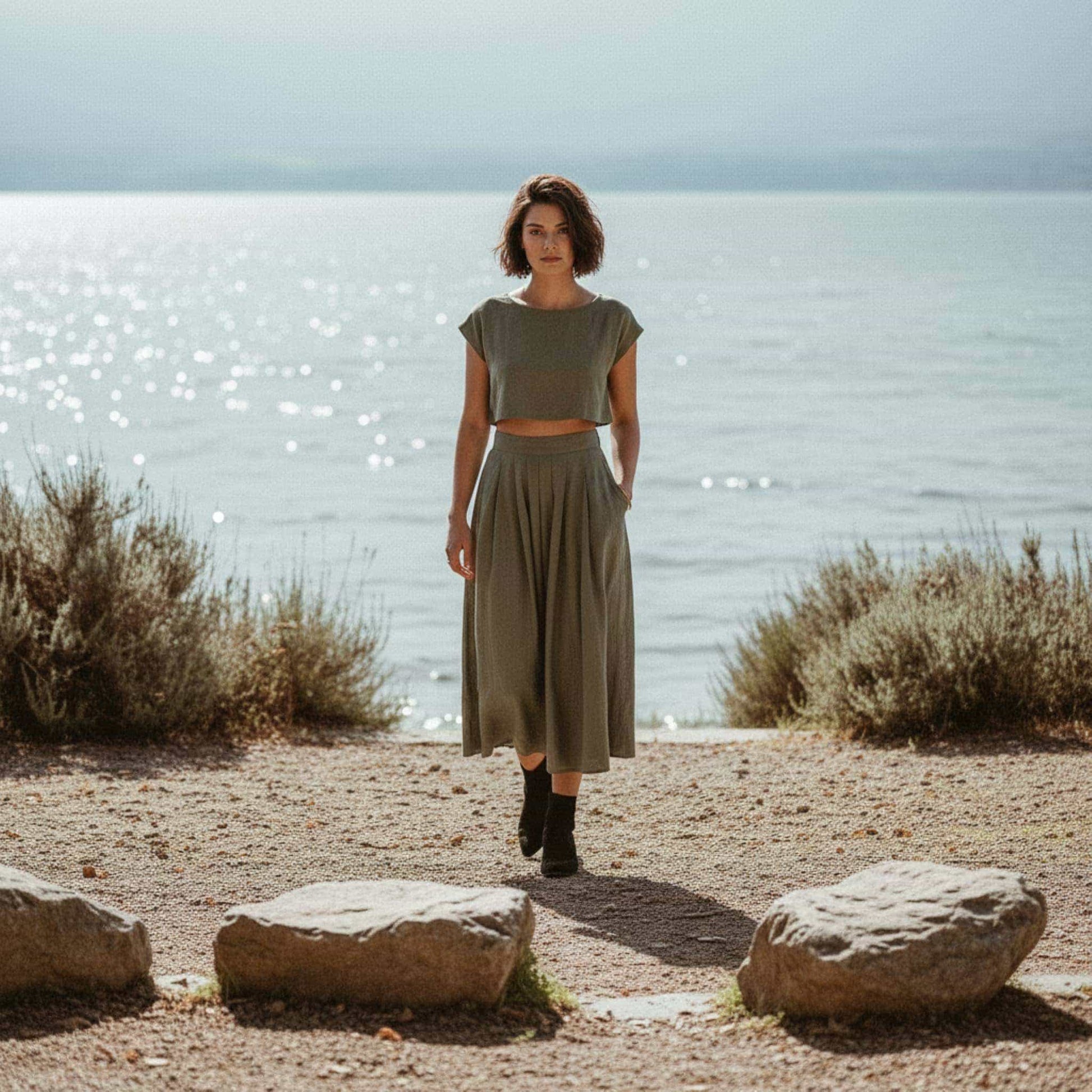Linen A-Line Midi Skirt, Pleated High-Waist