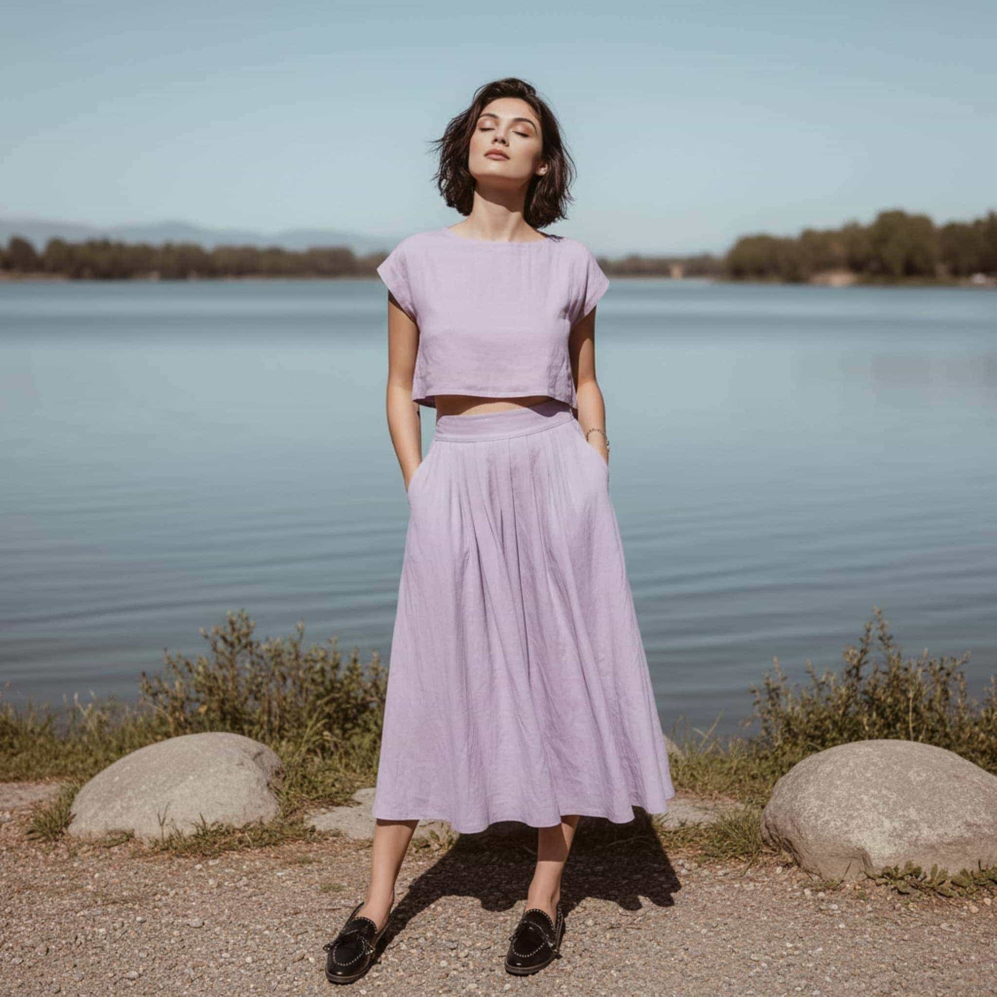 Linen A-Line Midi Skirt, Pleated High-Waist