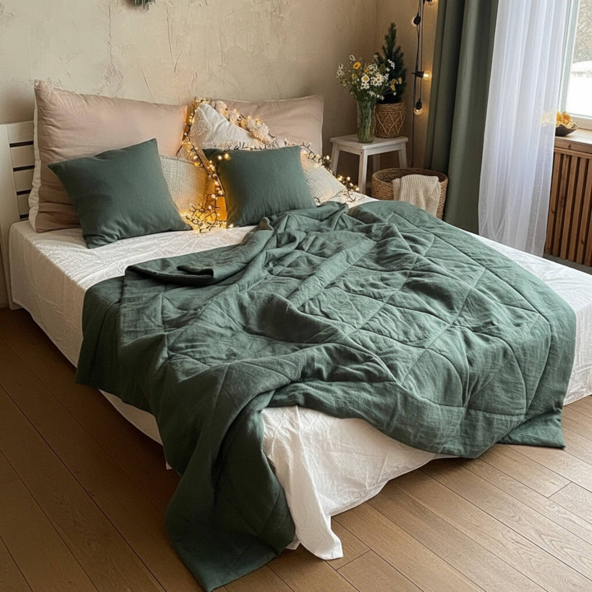 Linen Bedspread Quilt, Lightweight Quilted Blanket