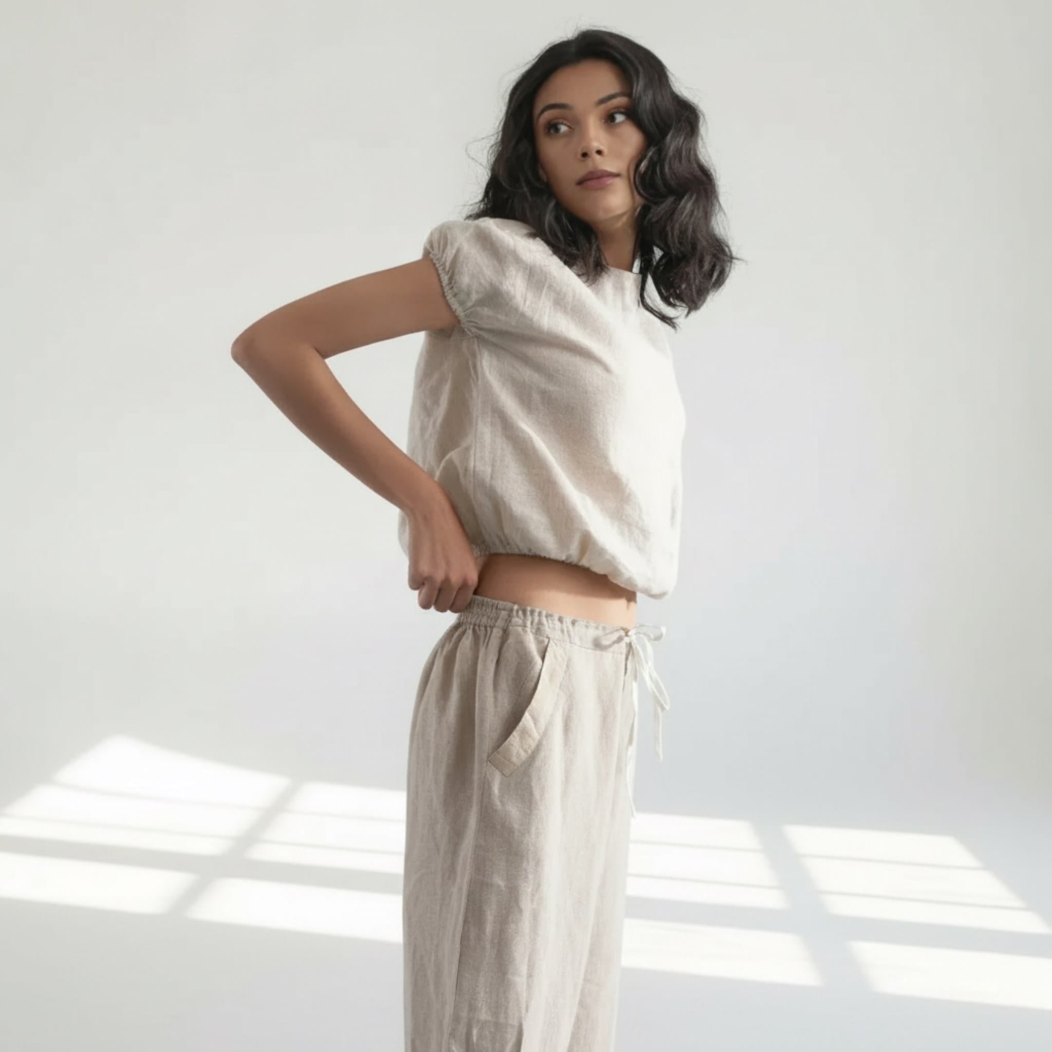 Linen Blouson Crop Top, Short Sleeve
