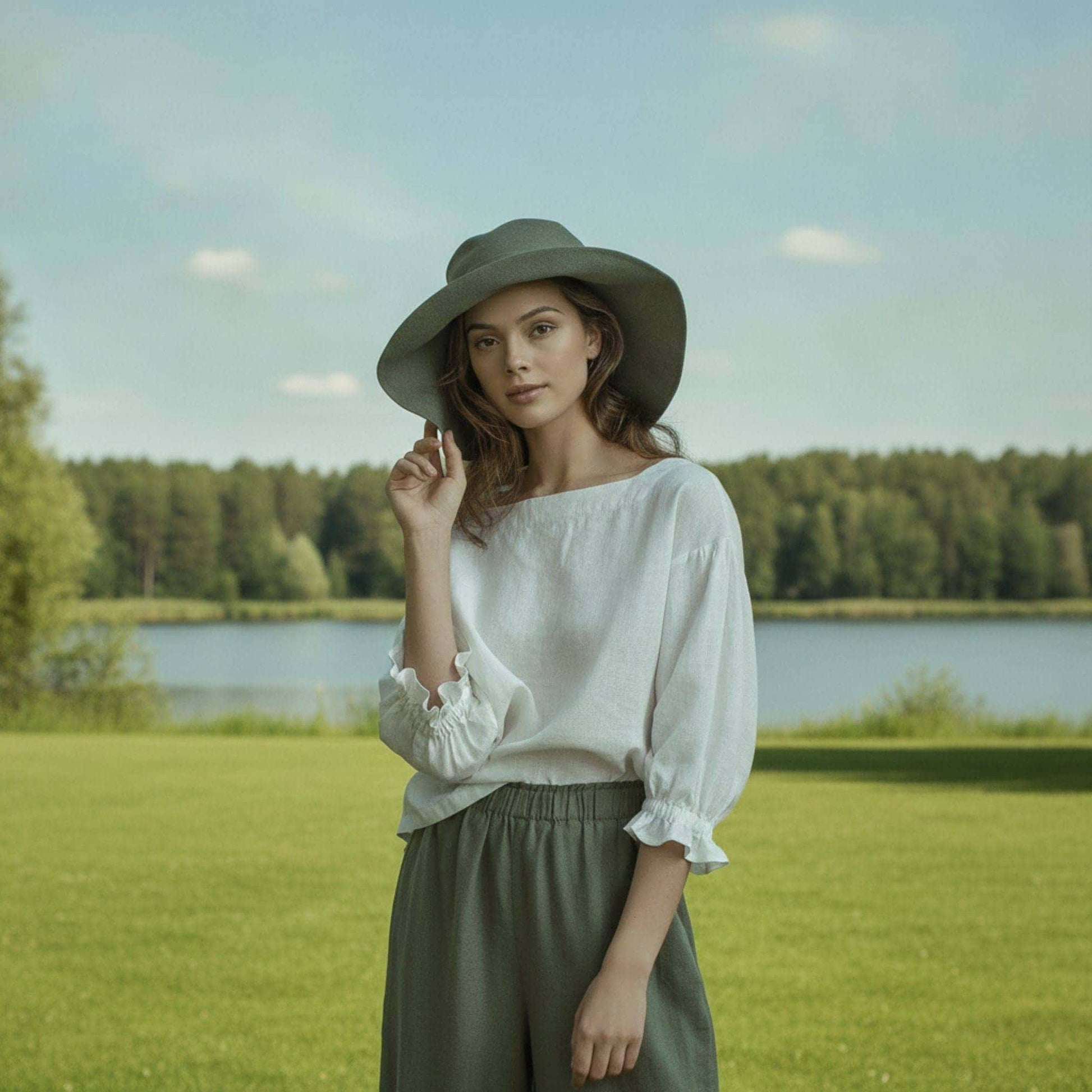 Linen Boat Neck Top, 3/4 Puff Sleeve