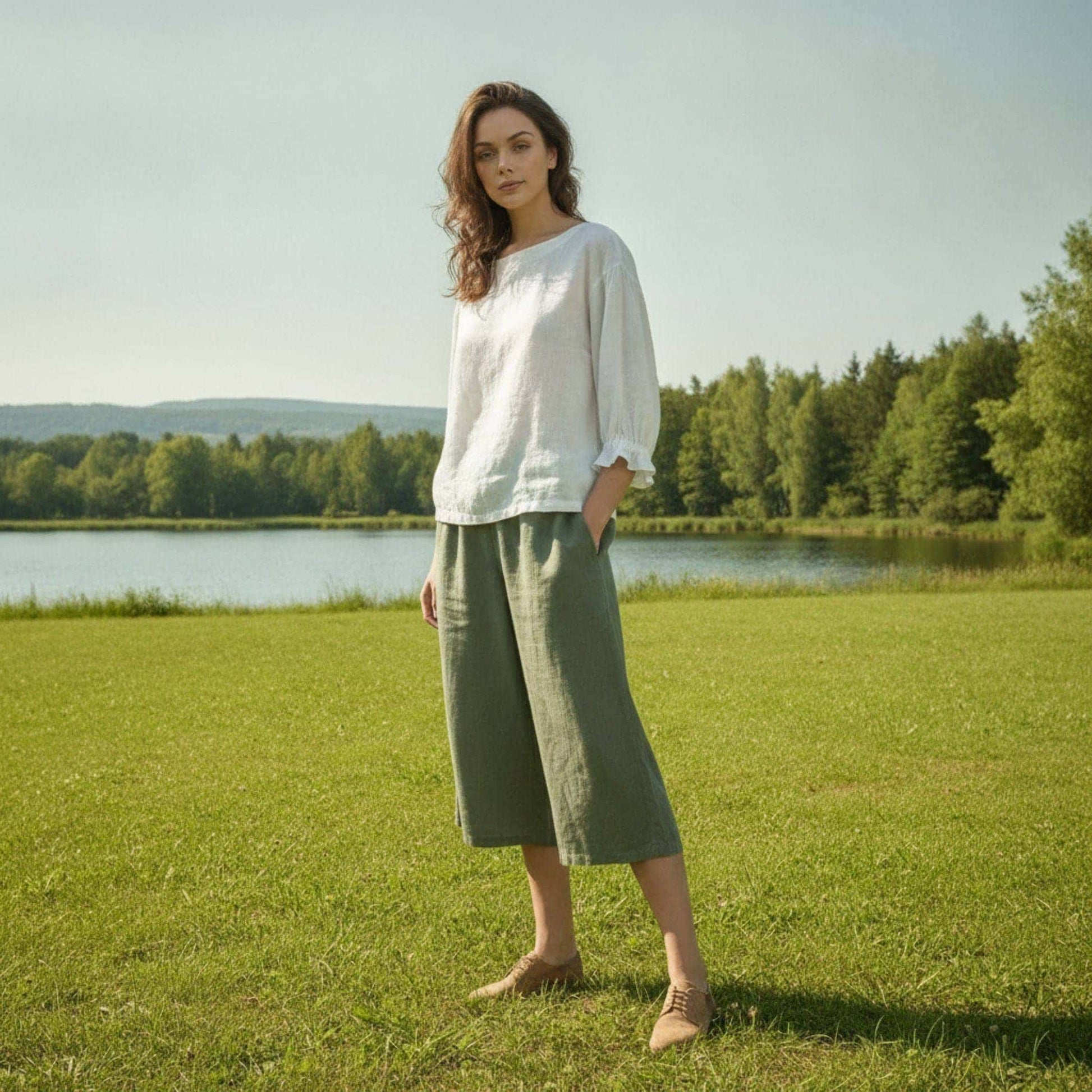 Linen Boat Neck Top, 3/4 Puff Sleeve