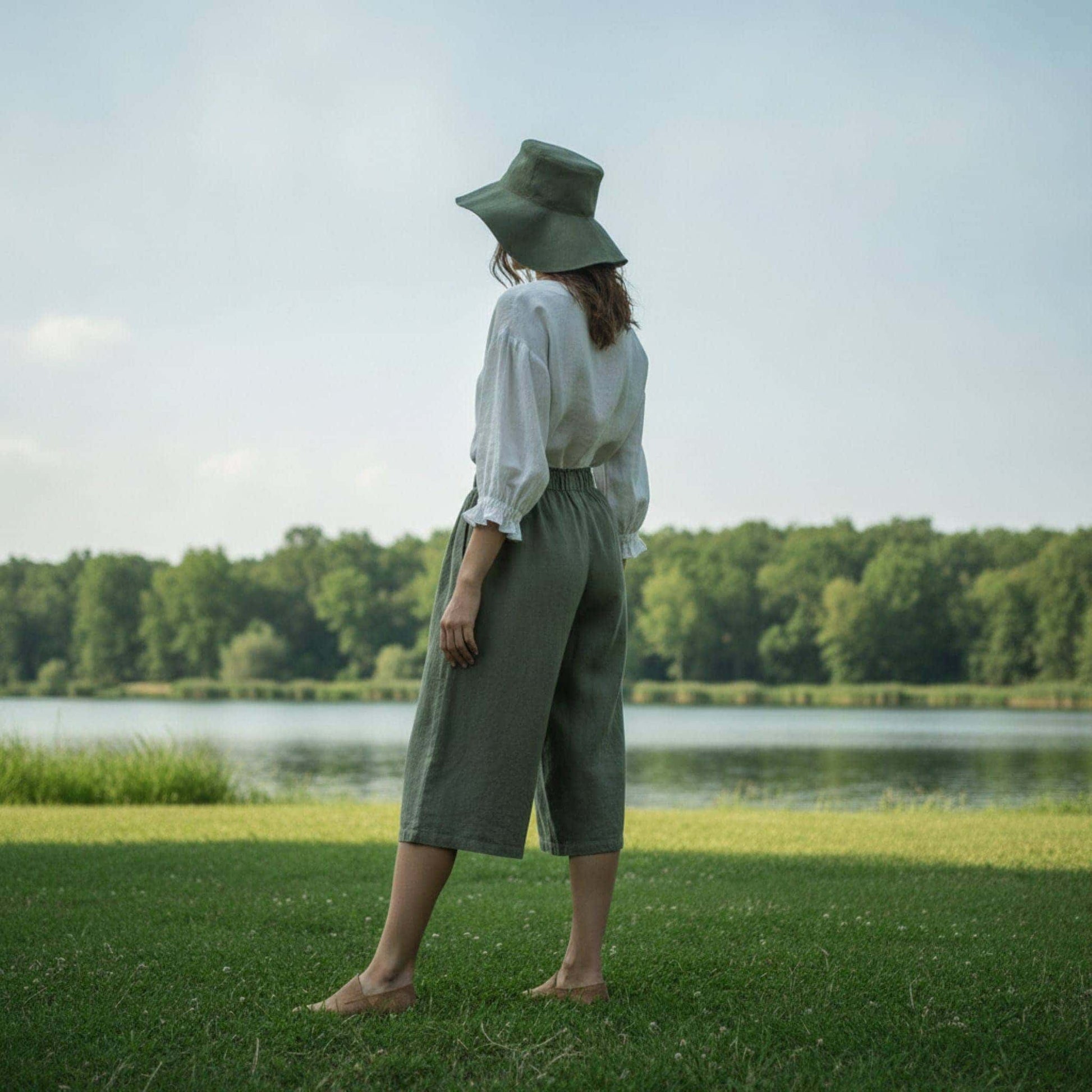Linen Boat Neck Top, 3/4 Puff Sleeve