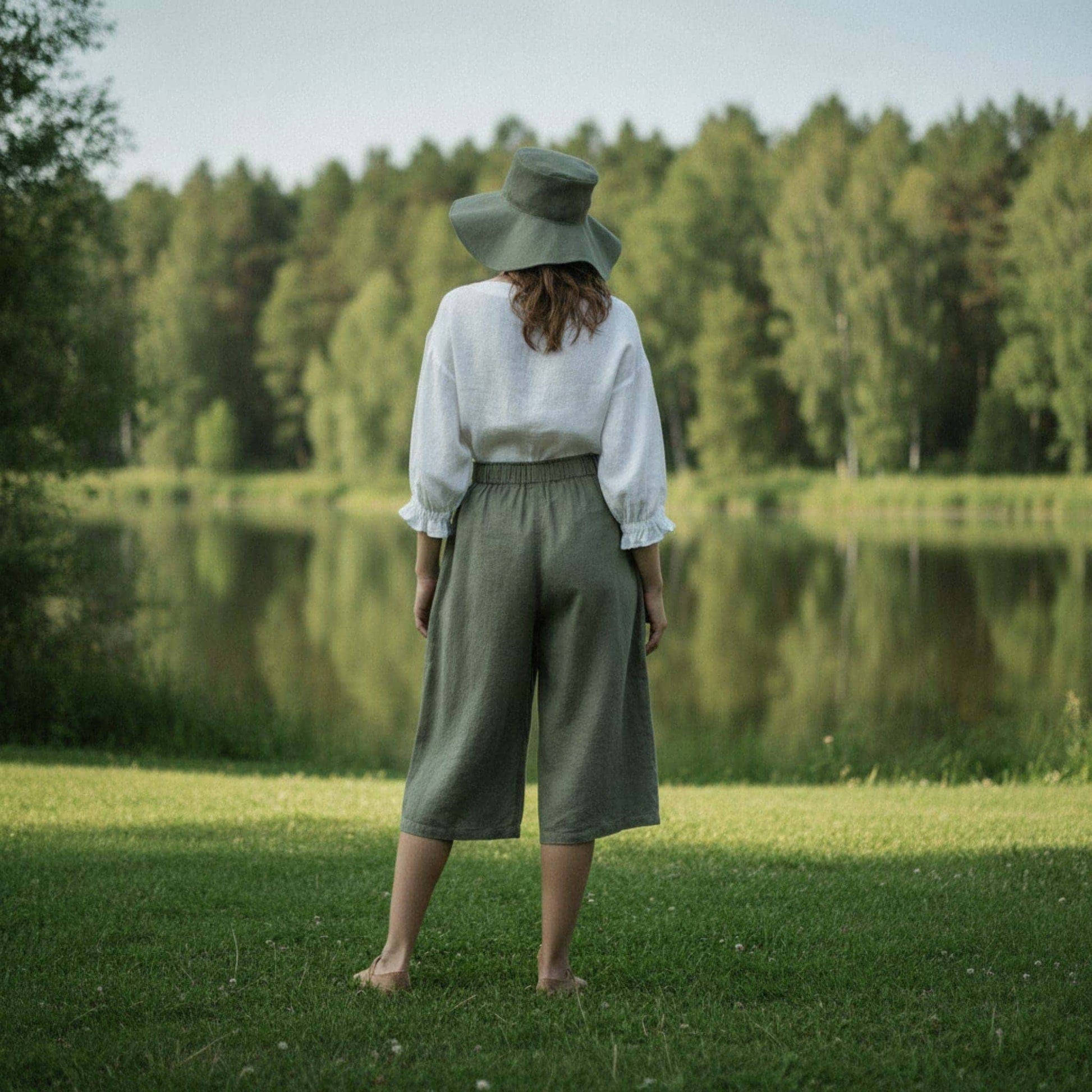 Linen Boat Neck Top, 3/4 Puff Sleeve