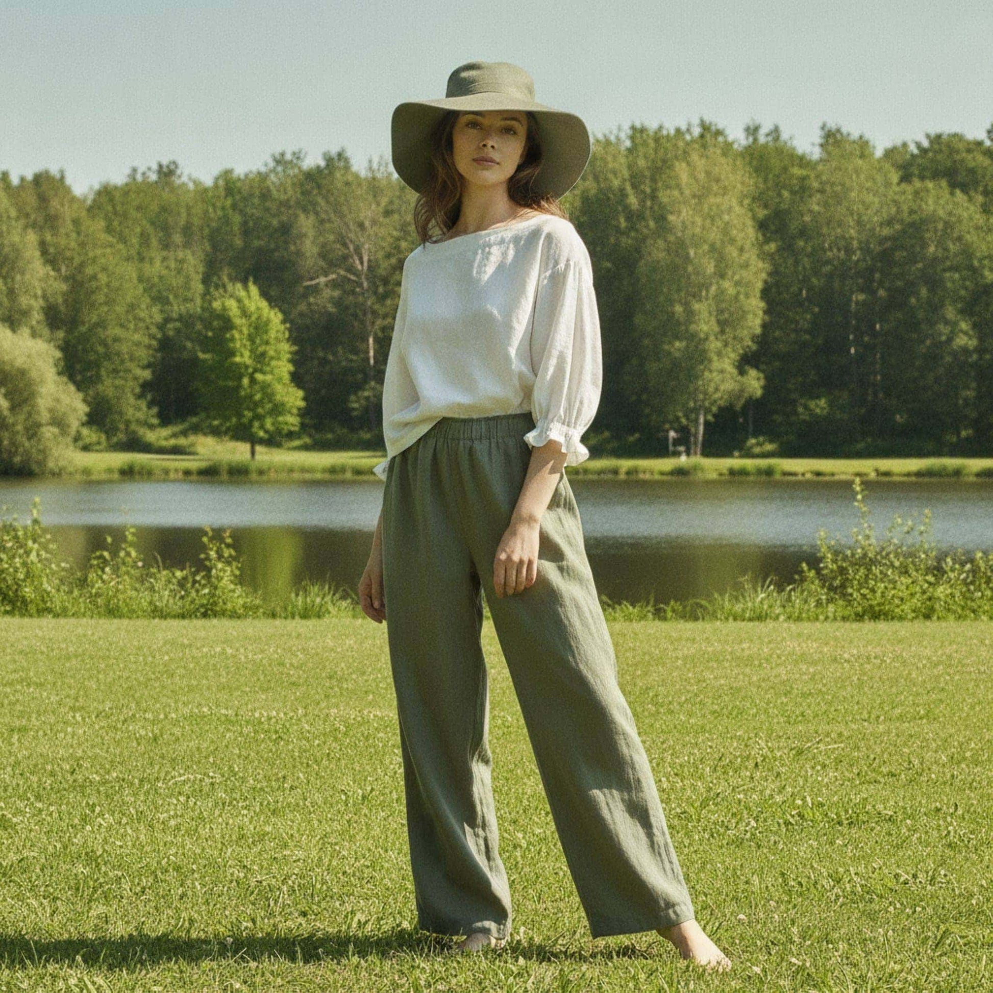 Linen Boat Neck Top, 3/4 Puff Sleeve