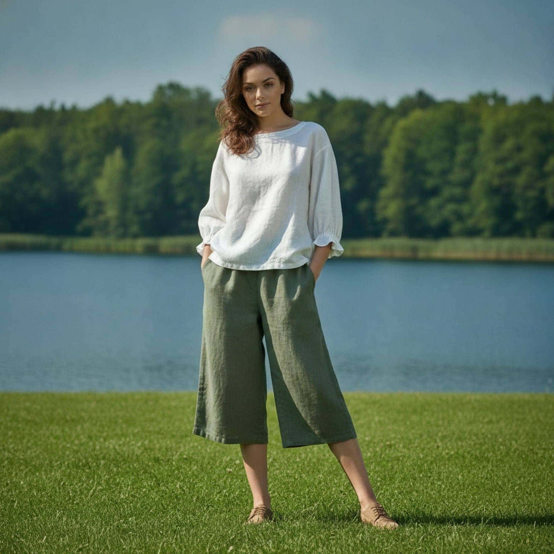 Linen Boat Neck Top, 3/4 Puff Sleeve