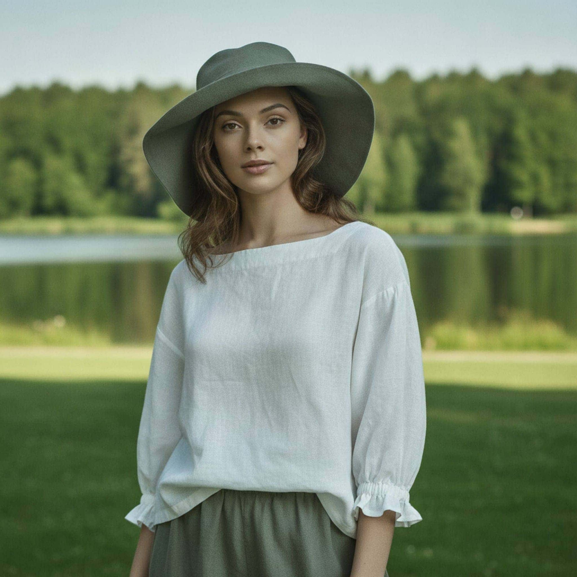 Linen Boat Neck Top, 3/4 Puff Sleeve