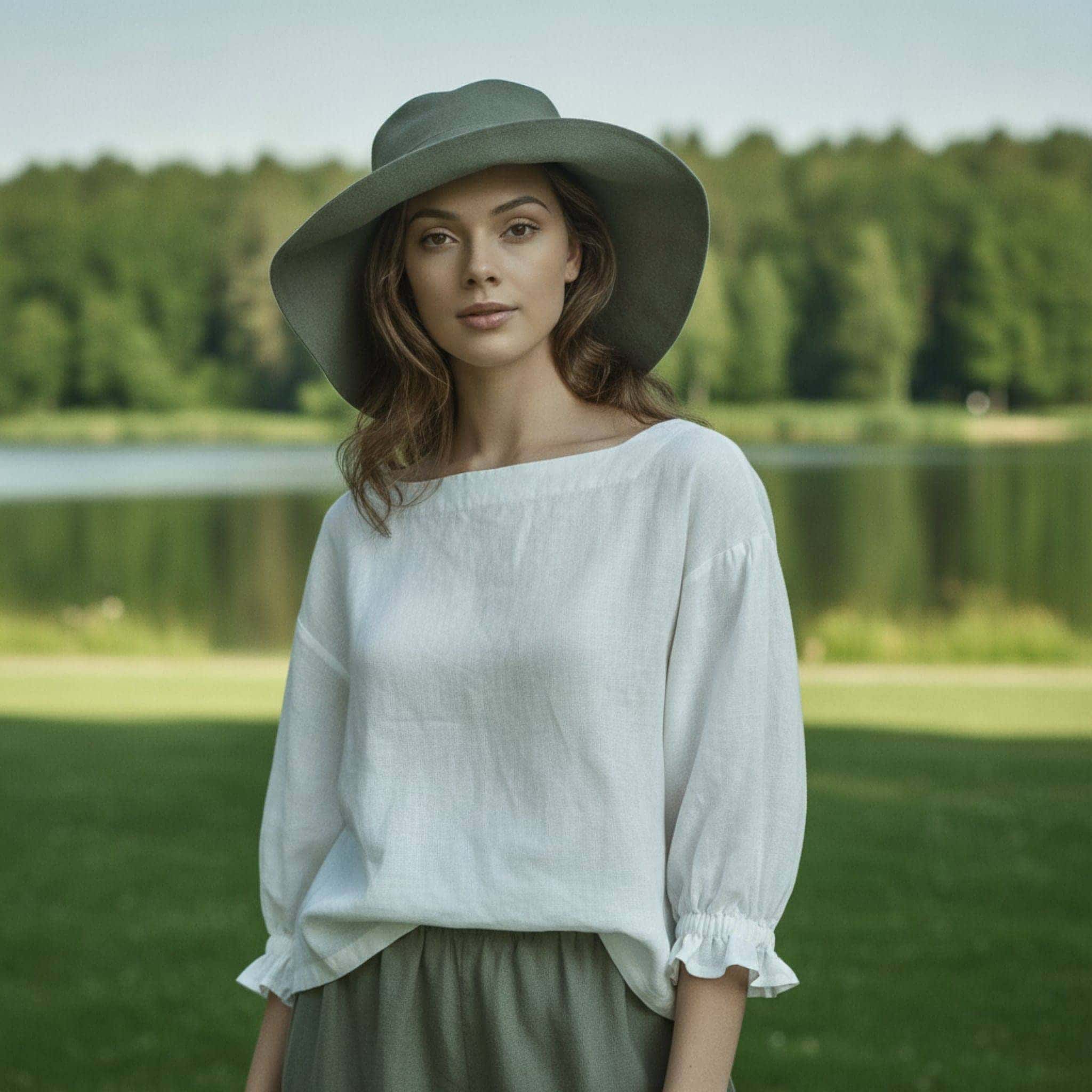 Linen Boat Neck Top, 3/4 Puff Sleeve