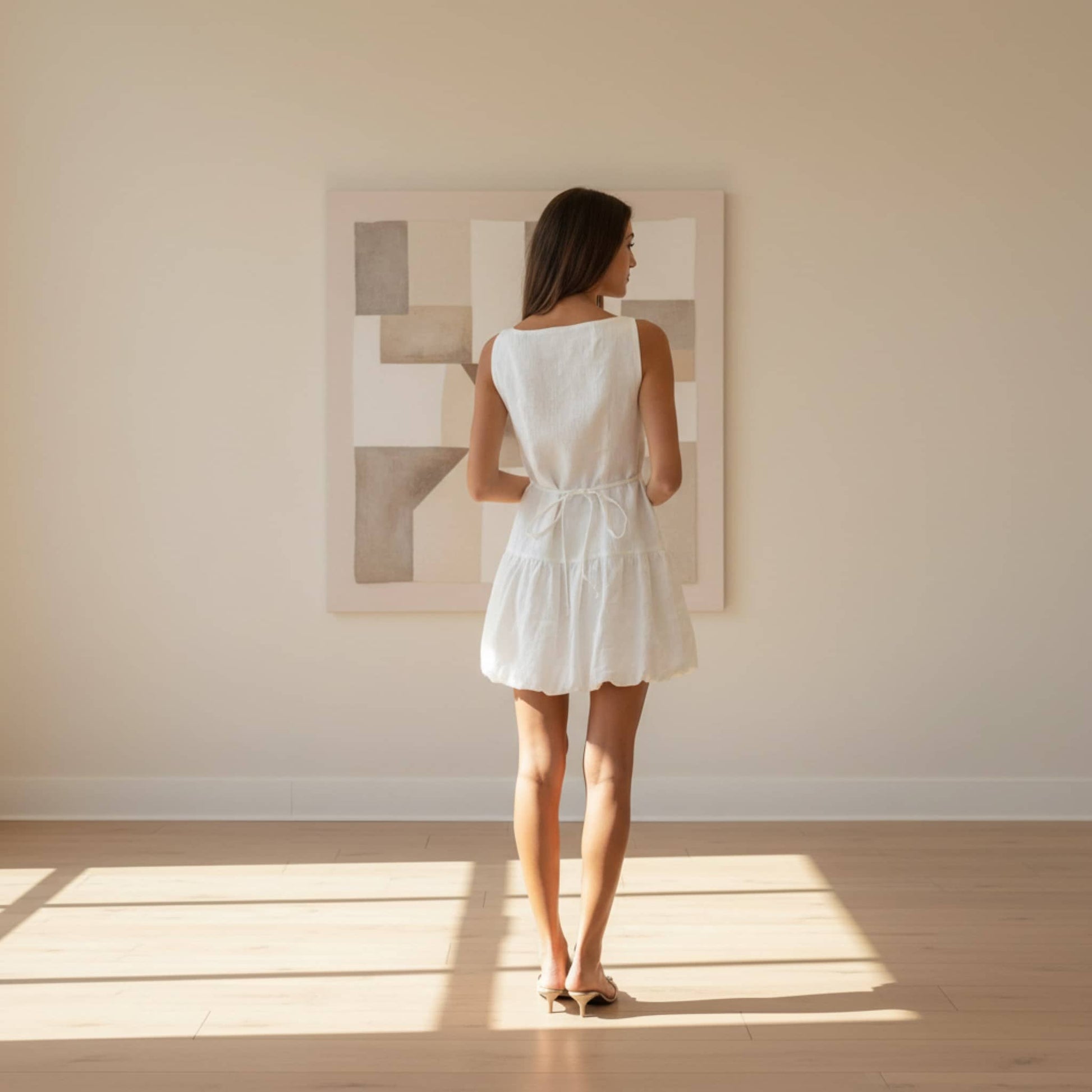 Linen Bubble Hem Mini Dress, Sleeveless Tie Back