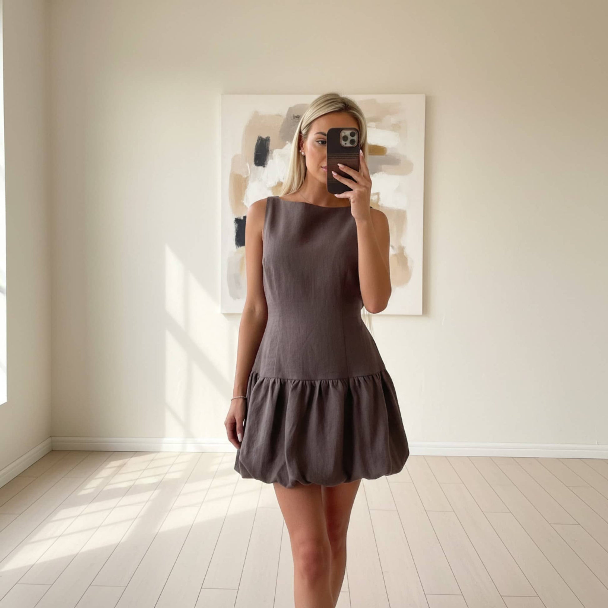Linen Bubble Hem Mini Dress, Sleeveless Tie Back