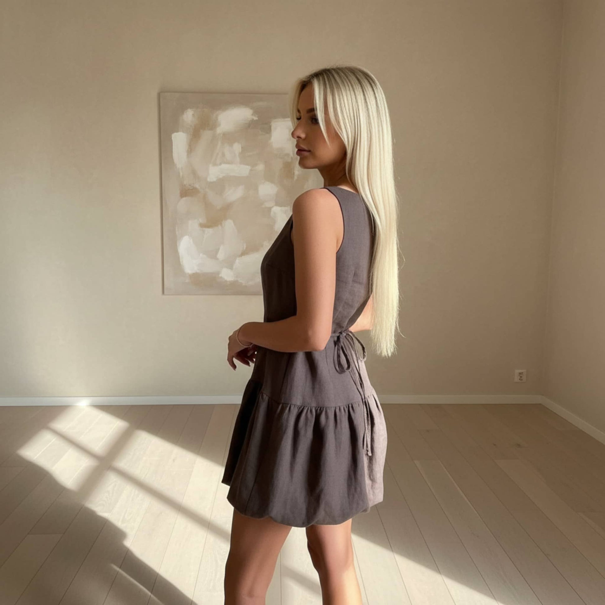 Linen Bubble Hem Mini Dress, Sleeveless Tie Back