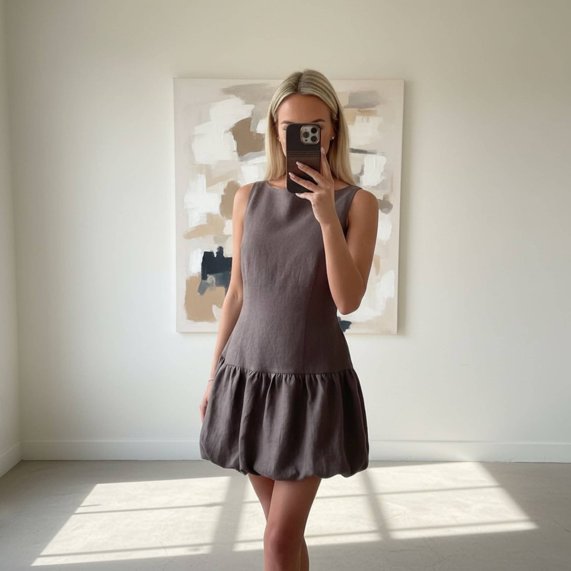 Linen Bubble Hem Mini Dress, Sleeveless Tie Back