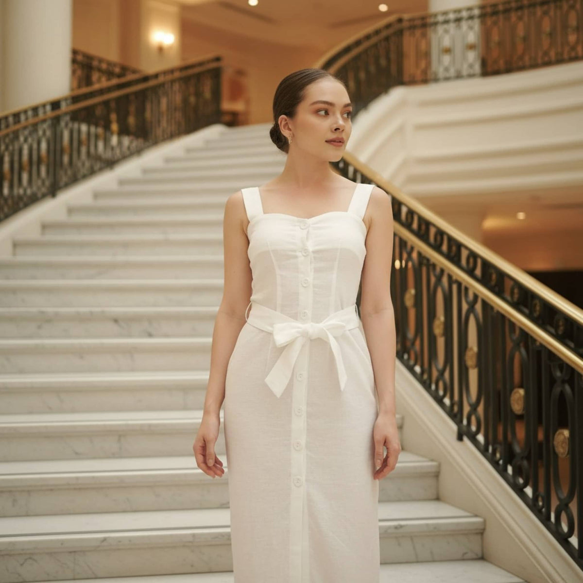 Linen Button Down Midi Dress, Square Neck Midi Dress