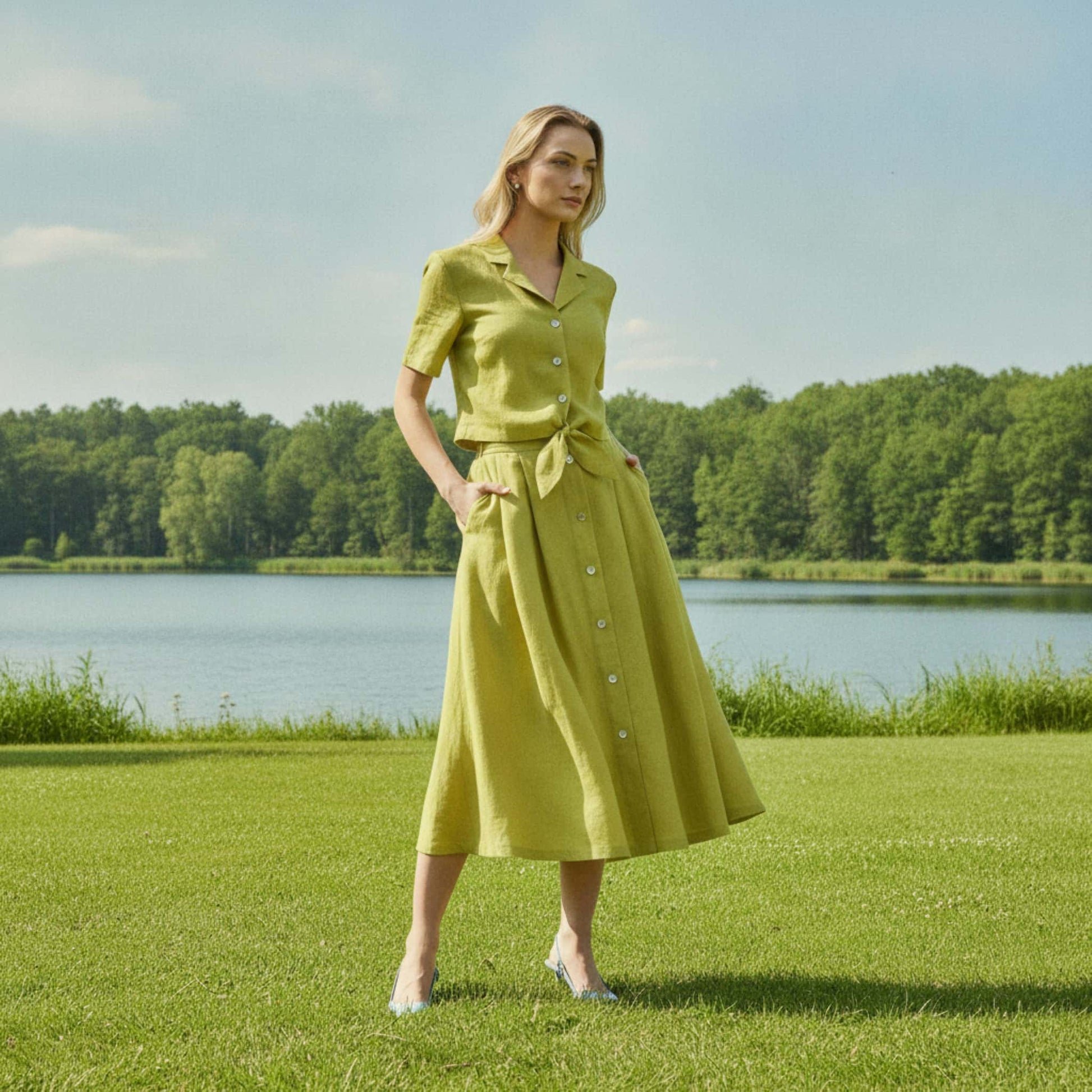 Linen Button Front Midi Skirt, Pleated Elastic Back
