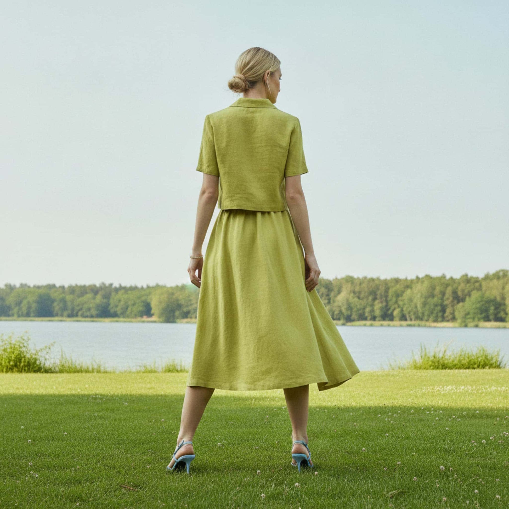 Linen Button Front Midi Skirt, Pleated Elastic Back