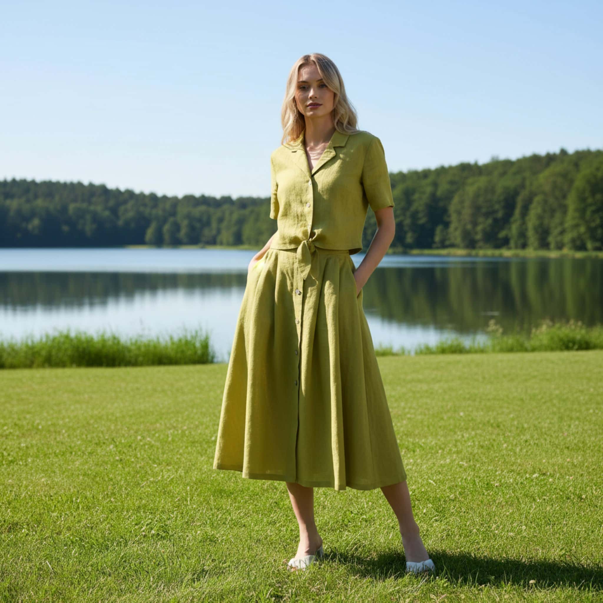 Linen Button Front Midi Skirt, Pleated Elastic Back