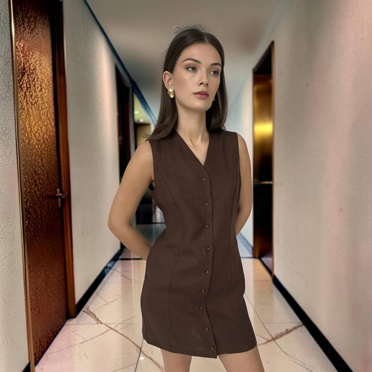 Linen Button Front Mini Dress, Sleeveless V Neck