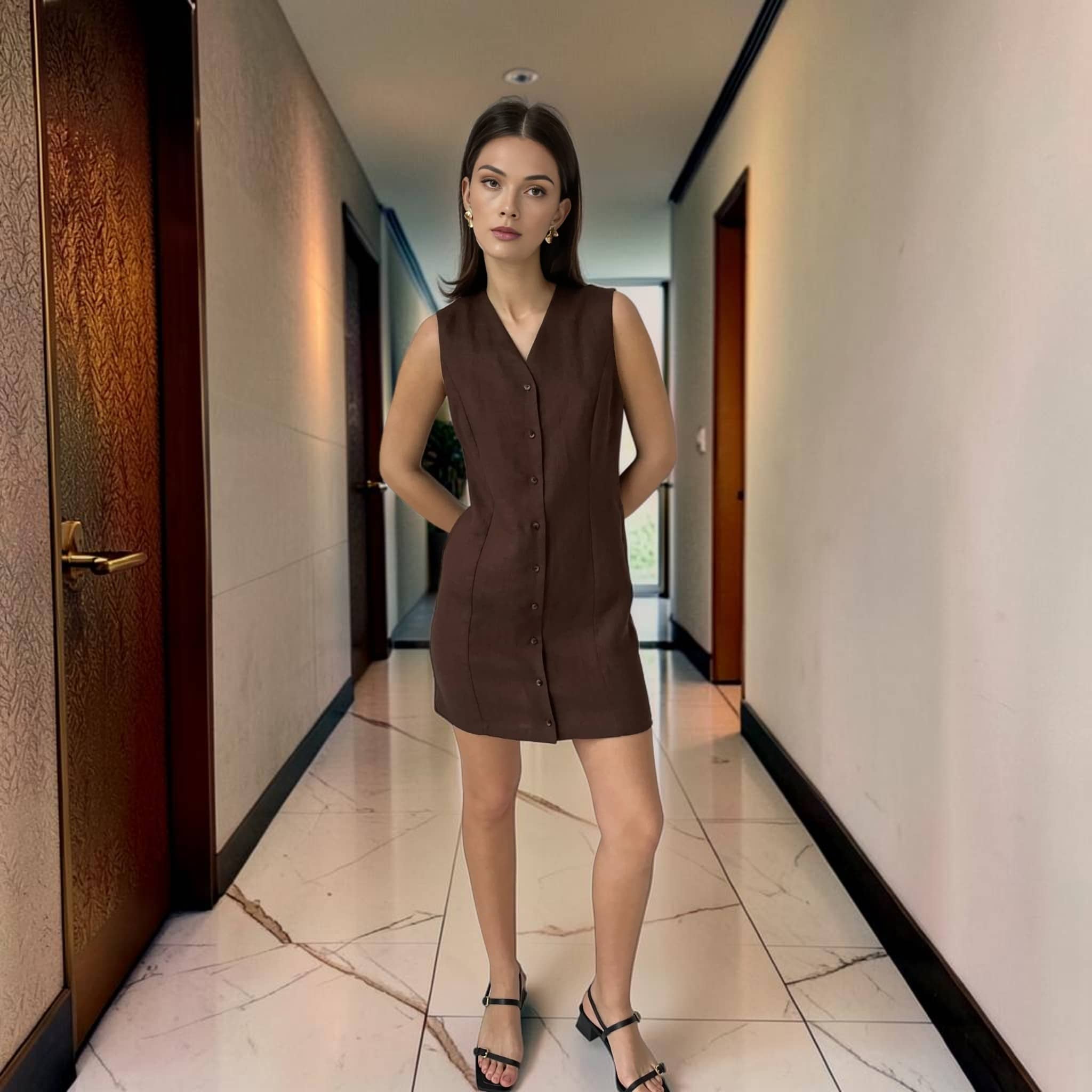 Linen Button Front Mini Dress, Sleeveless V Neck
