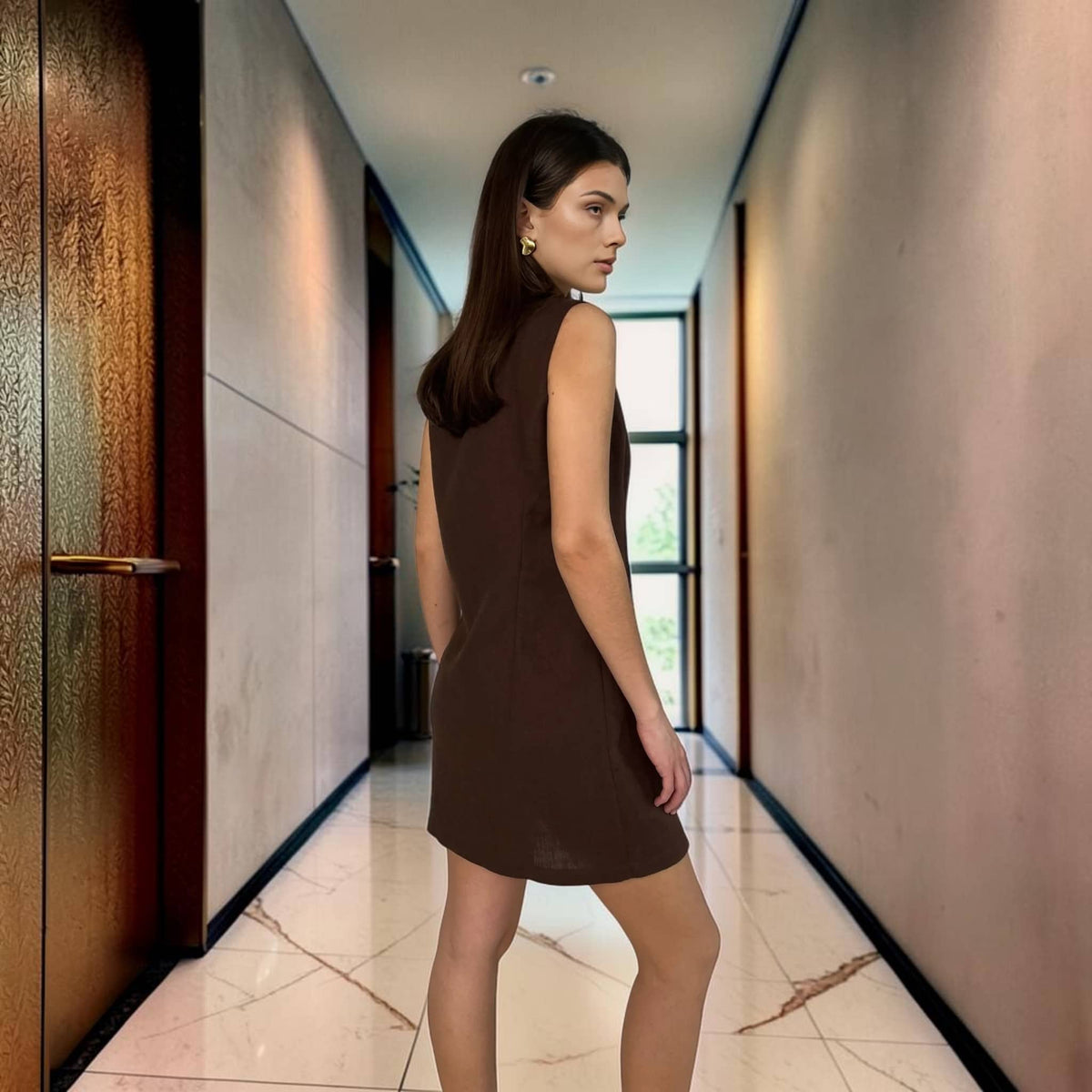 Linen Button Front Mini Dress, Sleeveless V Neck