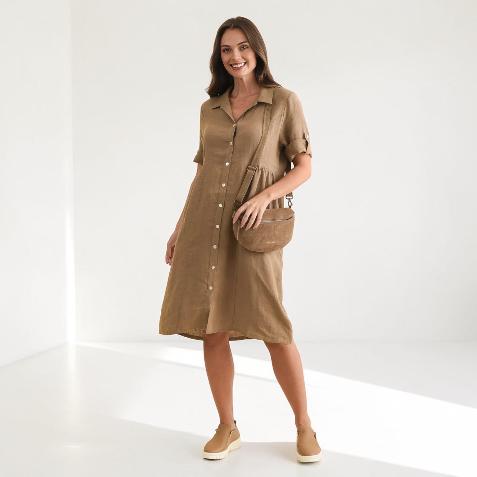 Linen Button Front Shirt Dress, Short Roll Sleeve