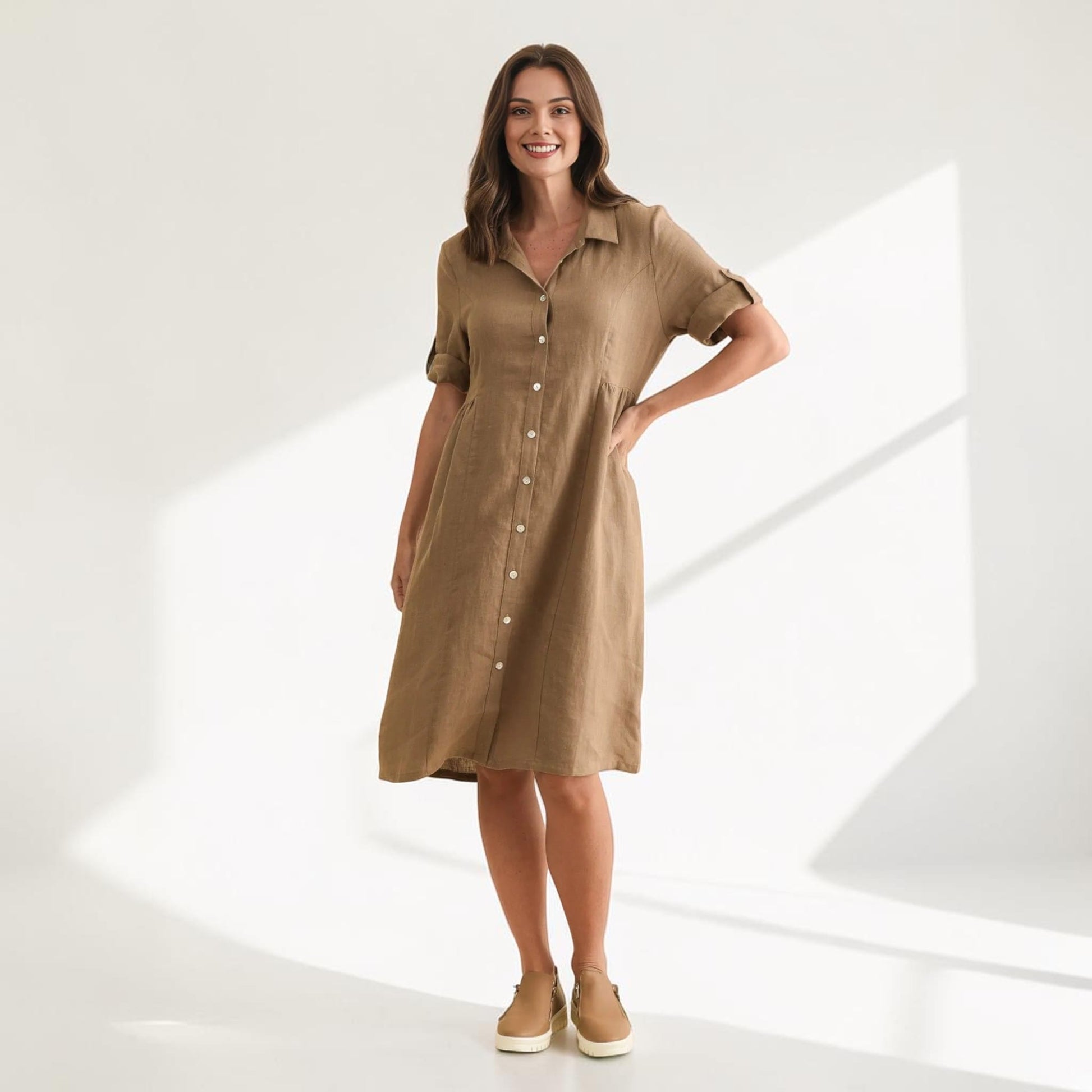 Linen Button Front Shirt Dress, Short Roll Sleeve