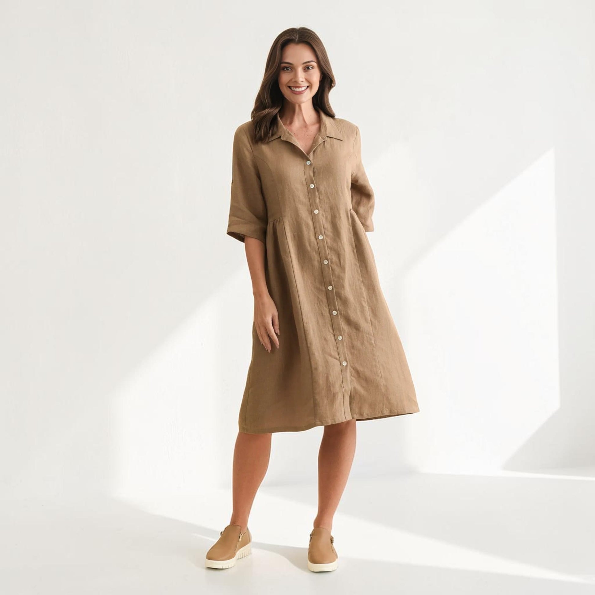 Linen Button Front Shirt Dress, Short Roll Sleeve