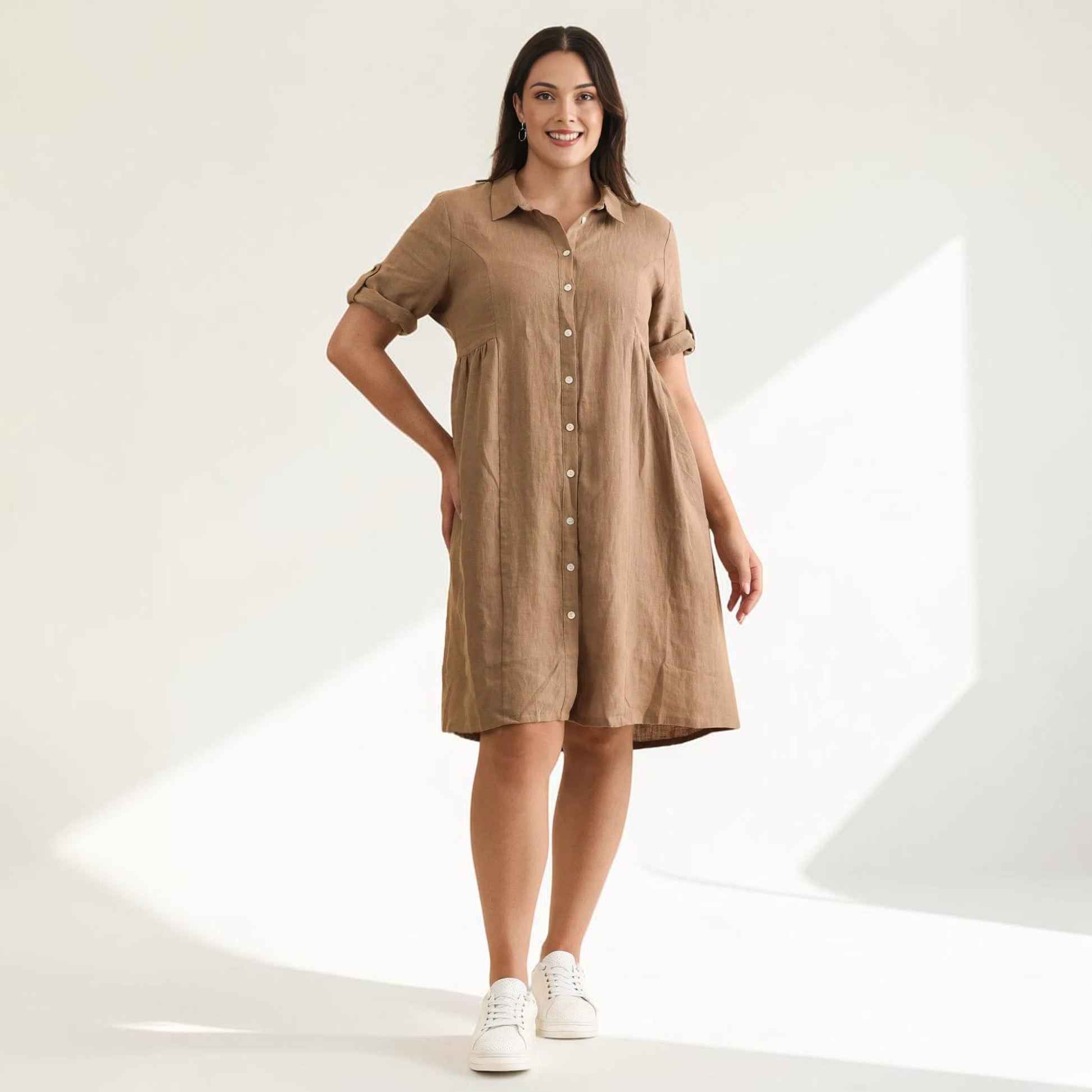 Linen Button Front Shirt Dress, Short Roll Sleeve