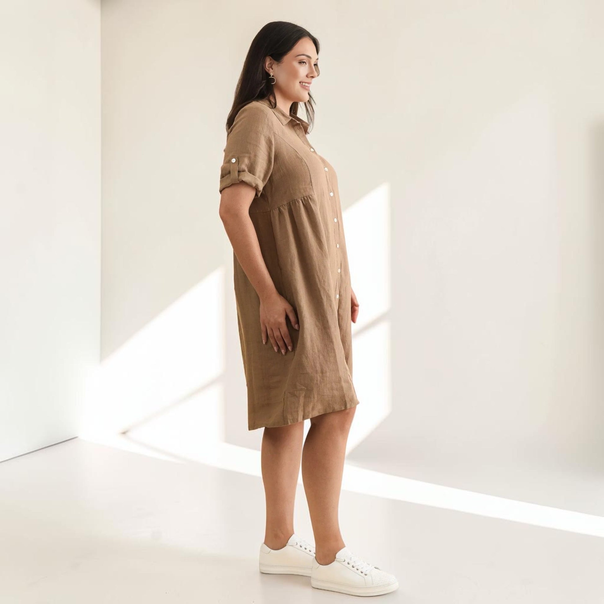 Linen Button Front Shirt Dress, Short Roll Sleeve