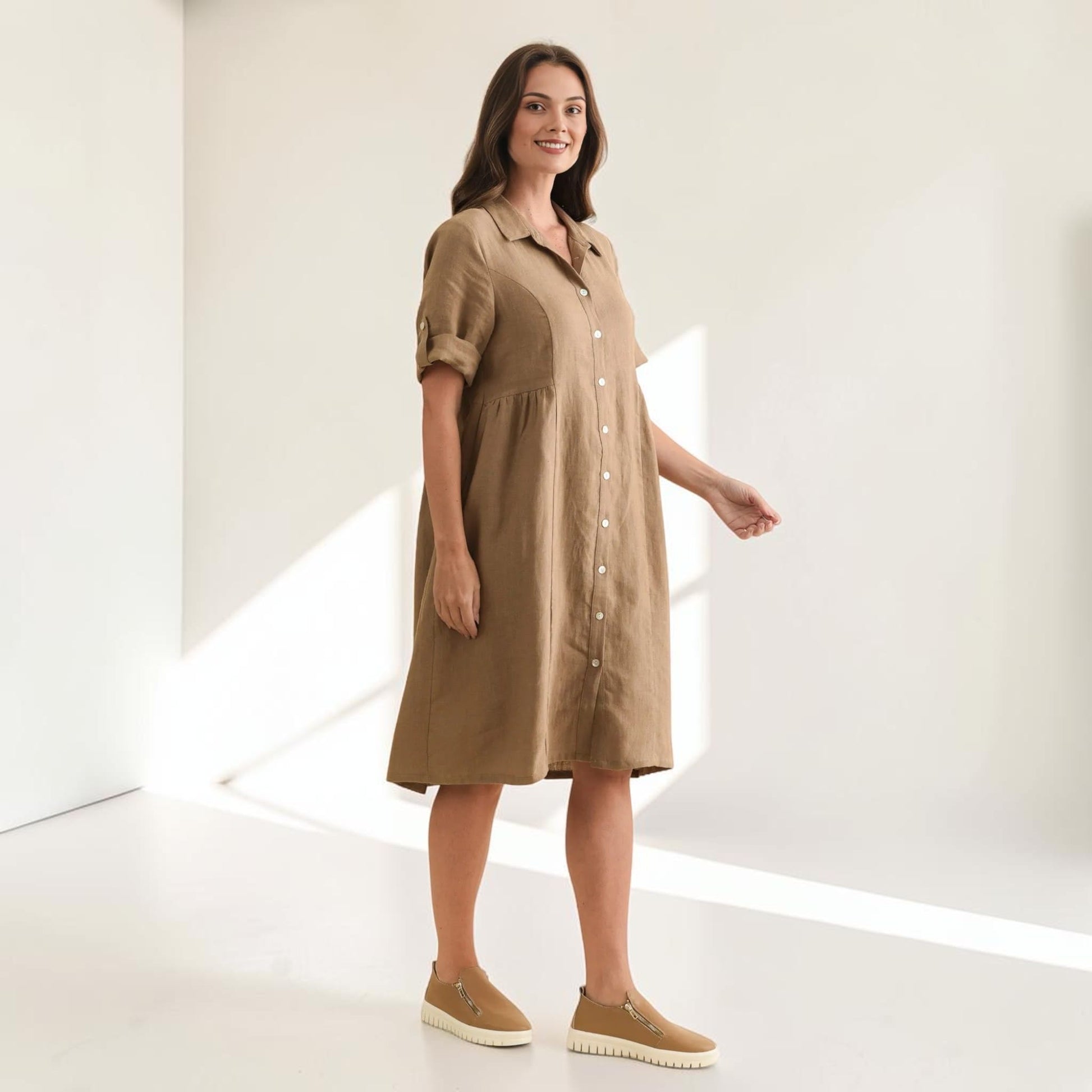 Linen Button Front Shirt Dress, Short Roll Sleeve