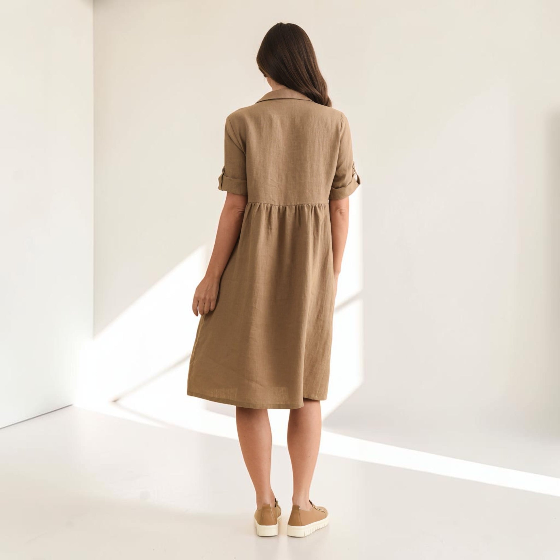 Linen Button Front Shirt Dress, Short Roll Sleeve