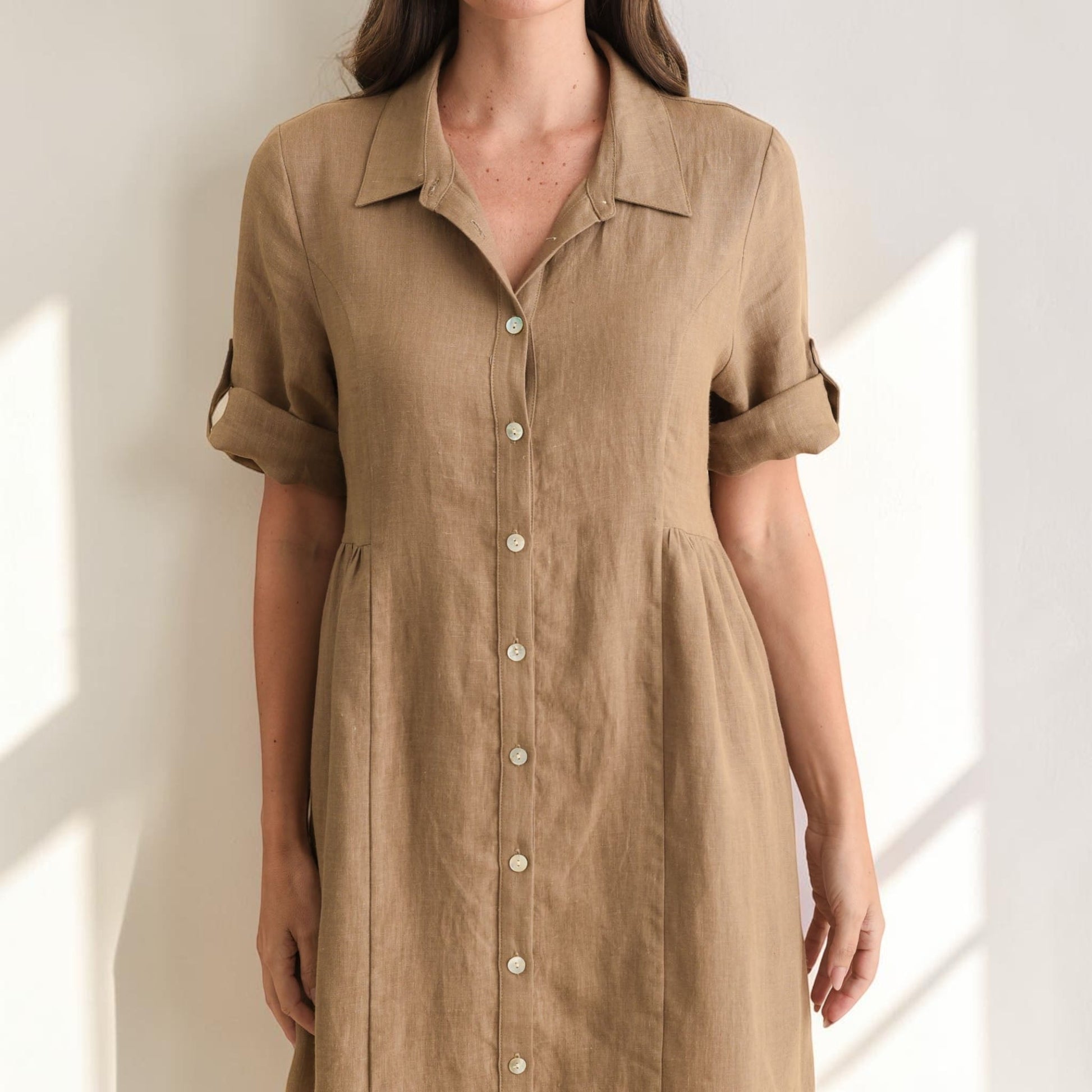 Linen Button Front Shirt Dress, Short Roll Sleeve