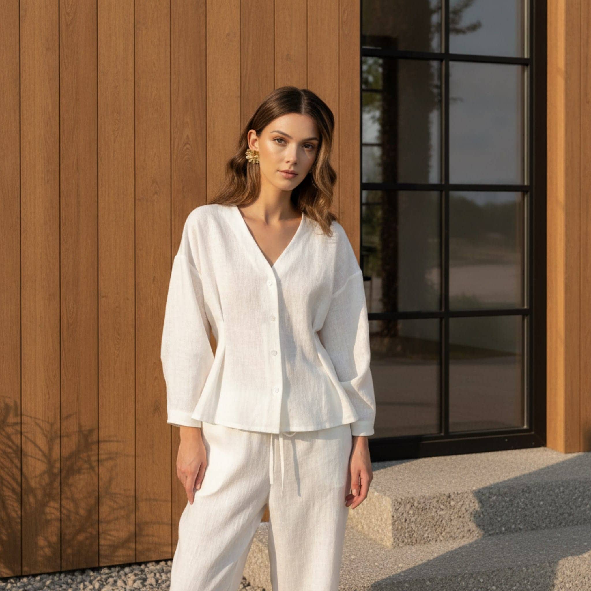 Linen Button Front Top, V Neck Balloon Sleeve