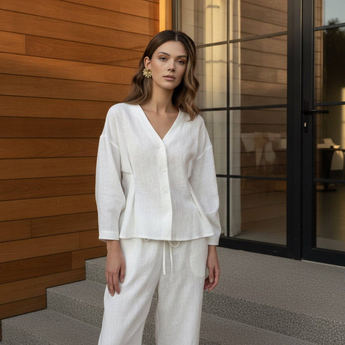Linen Button Front Top, V Neck Balloon Sleeve