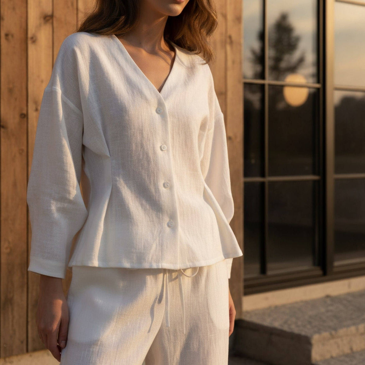 Linen Button Front Top, V Neck Balloon Sleeve