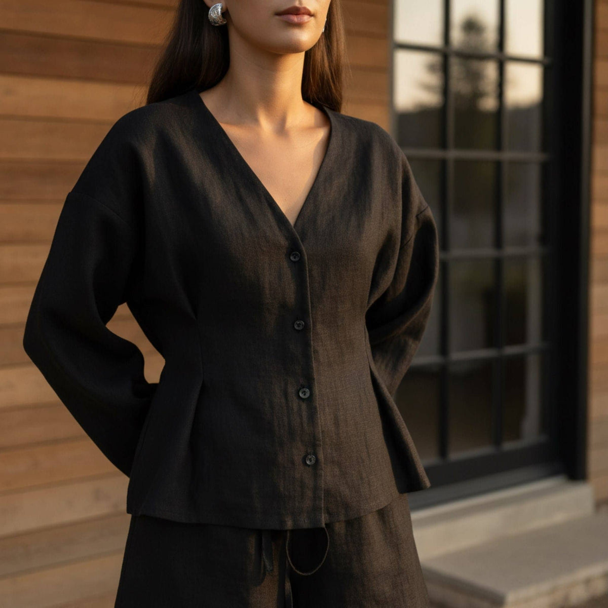 Linen Button Front Top, V Neck Balloon Sleeve