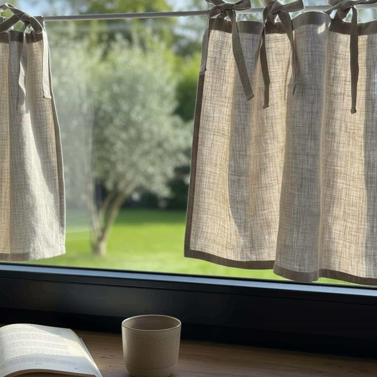 Tie Top Linen Cafe Curtains, White Linen Cafe Curtains