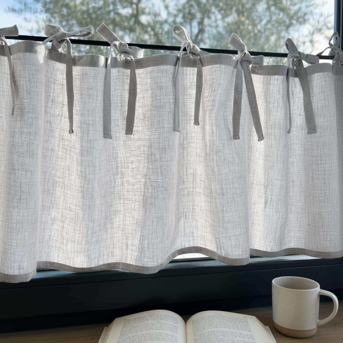 Tie Top Linen Cafe Curtains, White Linen Cafe Curtains