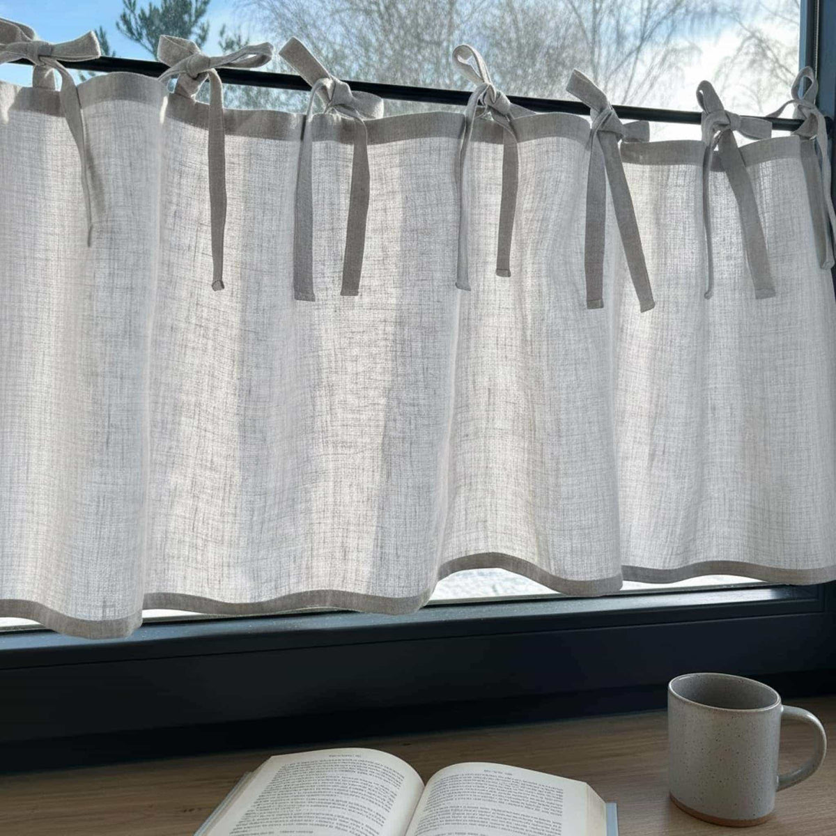 Tie Top Linen Cafe Curtains, White Linen Cafe Curtains