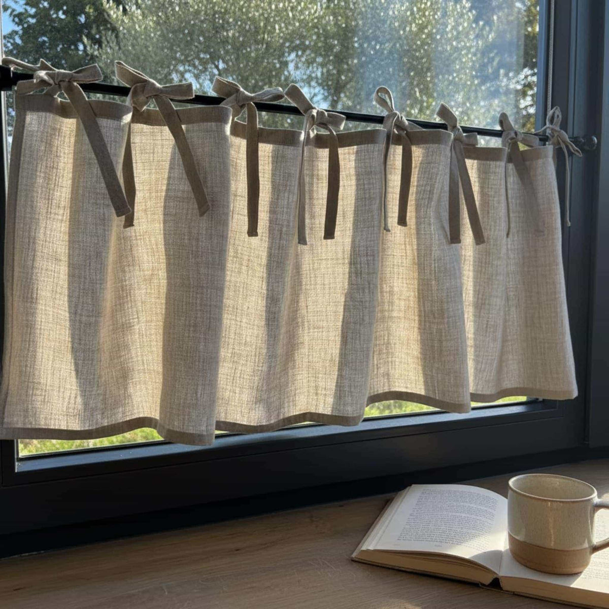 Tie Top Linen Cafe Curtains, White Linen Cafe Curtains